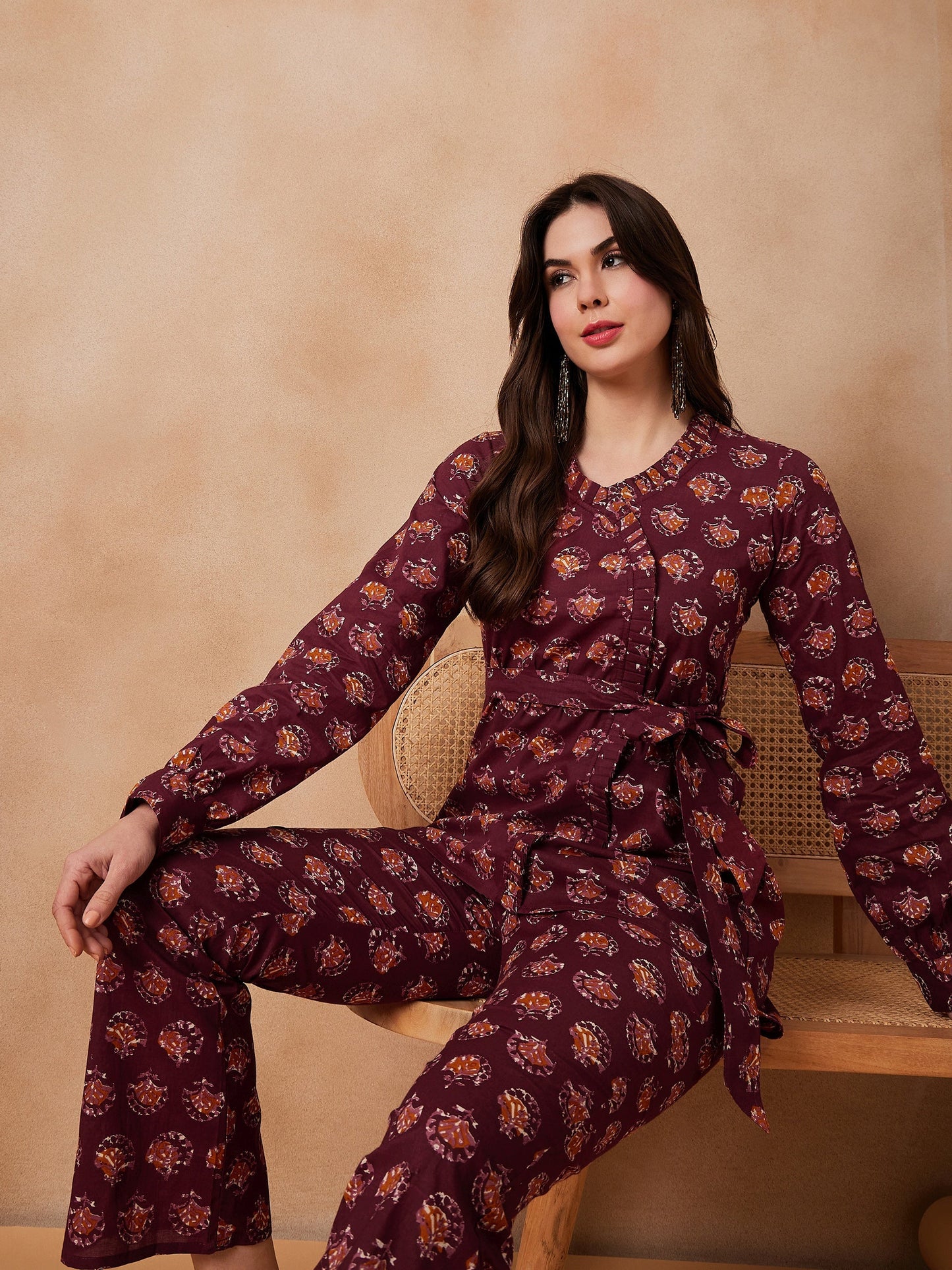 InWeave Burgundy Floral Boota Co Ord Set With Belt - Swadesiicart