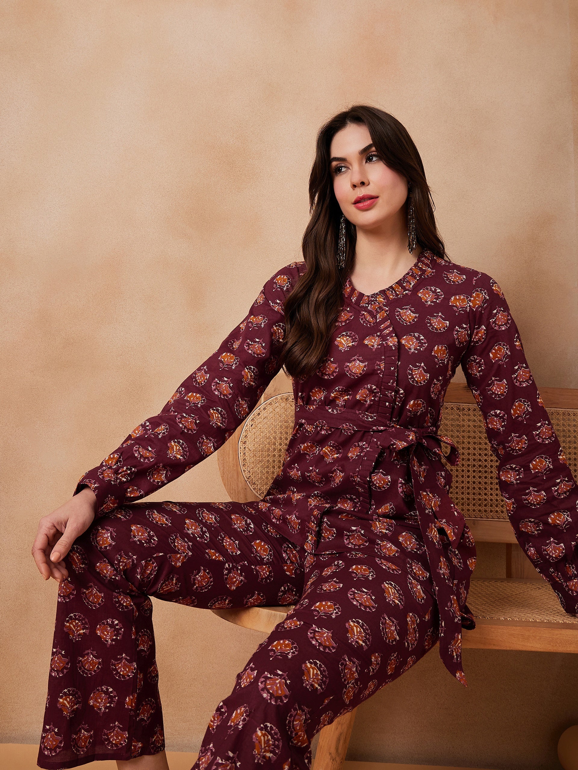 InWeave Burgundy Floral Boota Co Ord Set With Belt - Swadesiicart