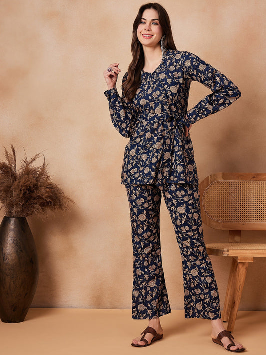 InWeave Navy Beige Co Ord Set - Swadesiicart