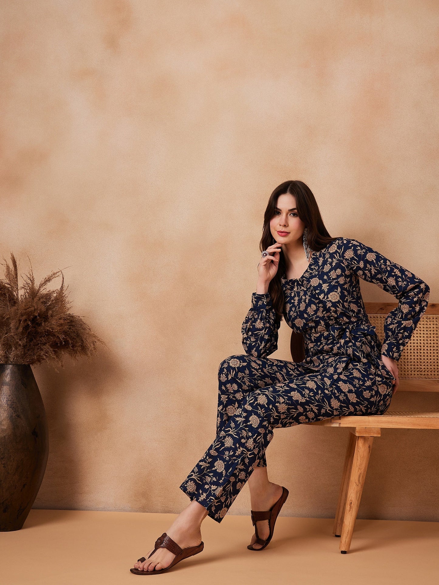 InWeave Navy Beige Co Ord Set - Swadesiicart