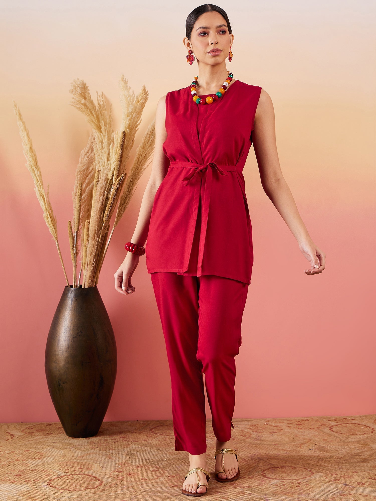 InWeave Maroon 3 Piece Co Ord Set With Belt - Swadesiicart