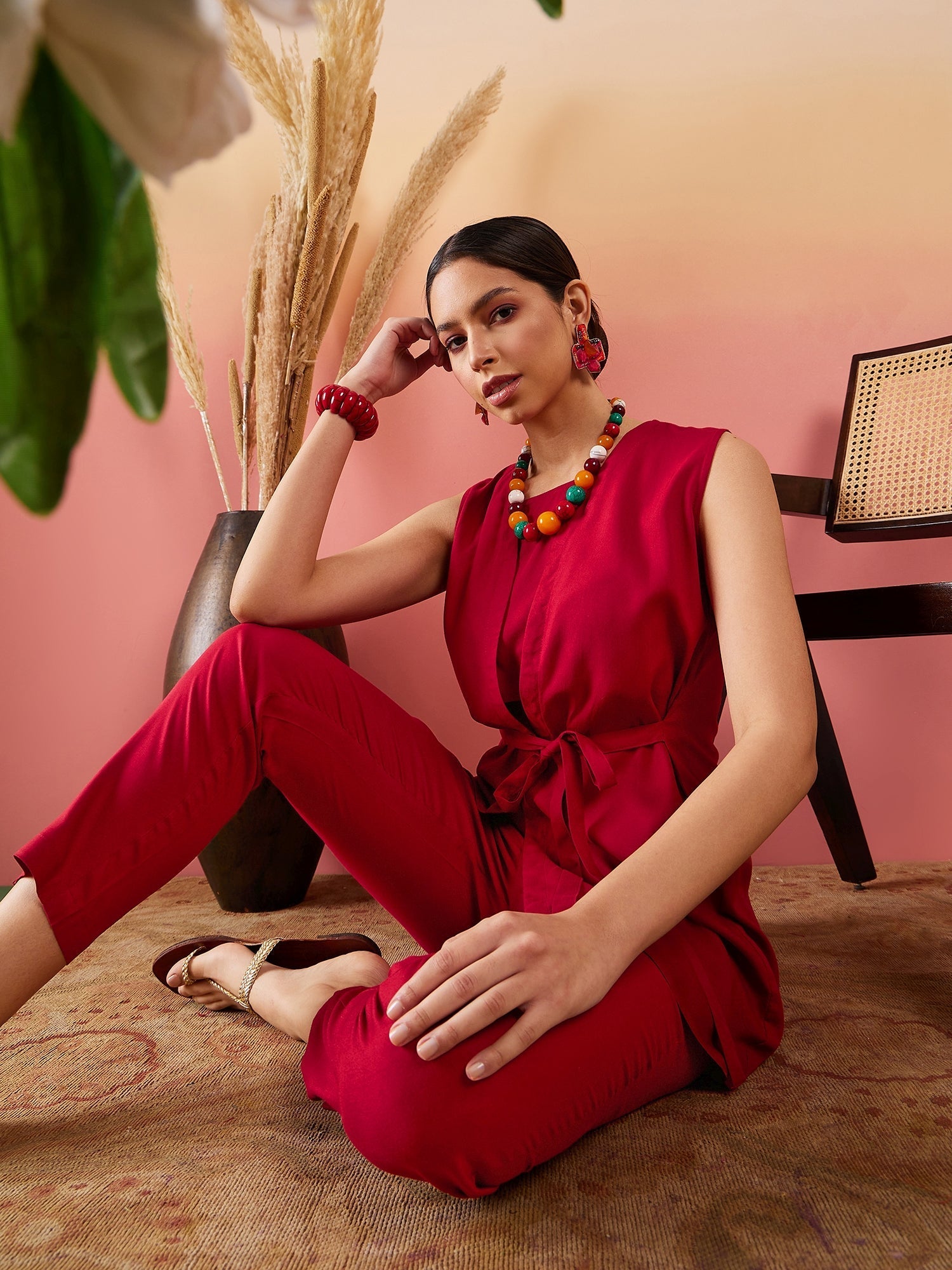 InWeave Maroon 3 Piece Co Ord Set With Belt - Swadesiicart