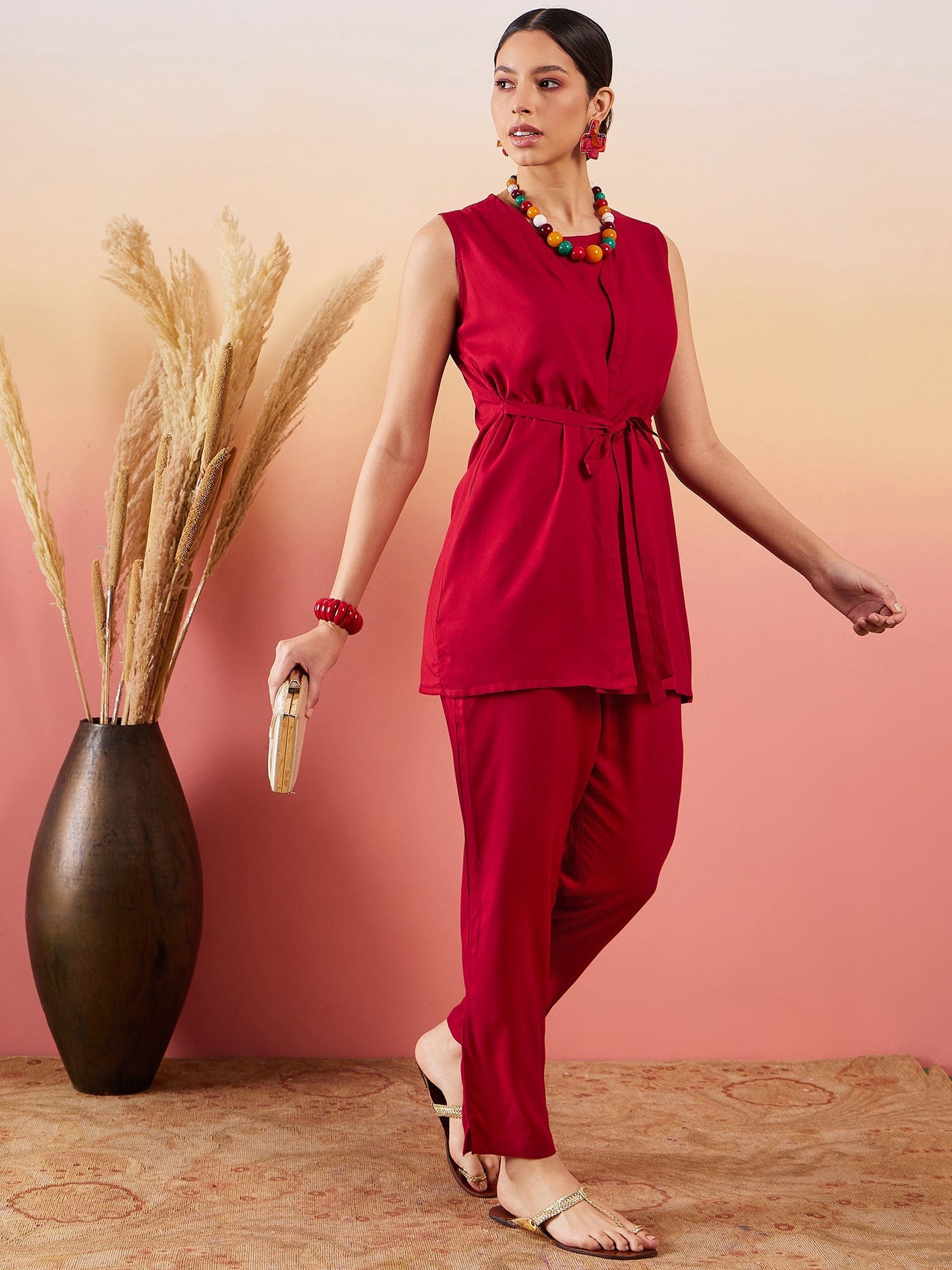InWeave Maroon 3 Piece Co Ord Set With Belt - Swadesiicart