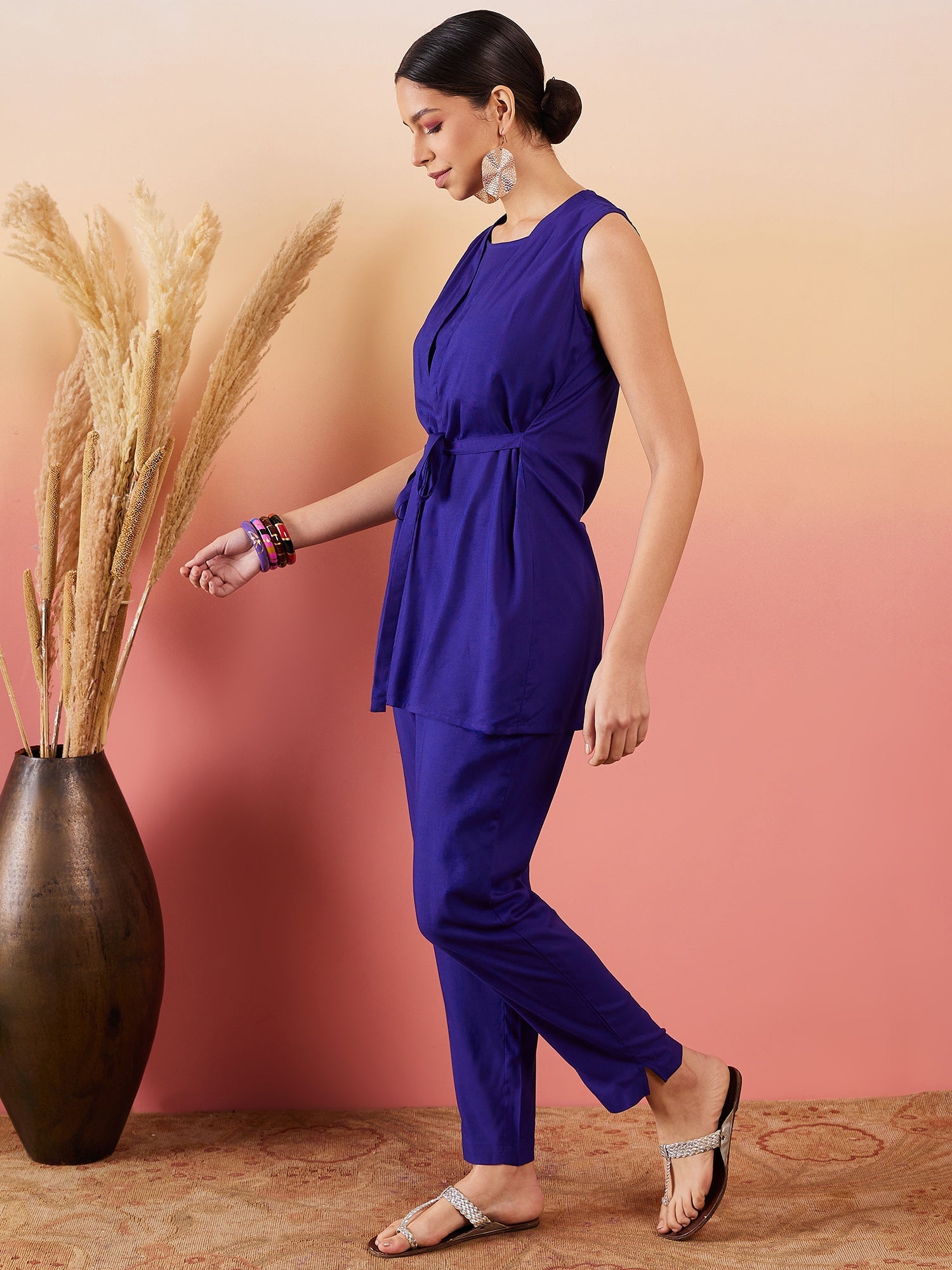InWeave Blue 3 Piece Co Ord Set With Belt - Swadesiicart