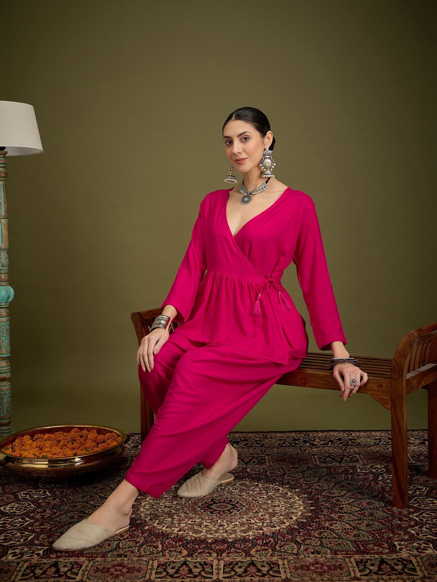InWeave Fuchsia Angrakha Dhoti Co Ord Set - Swadesiicart
