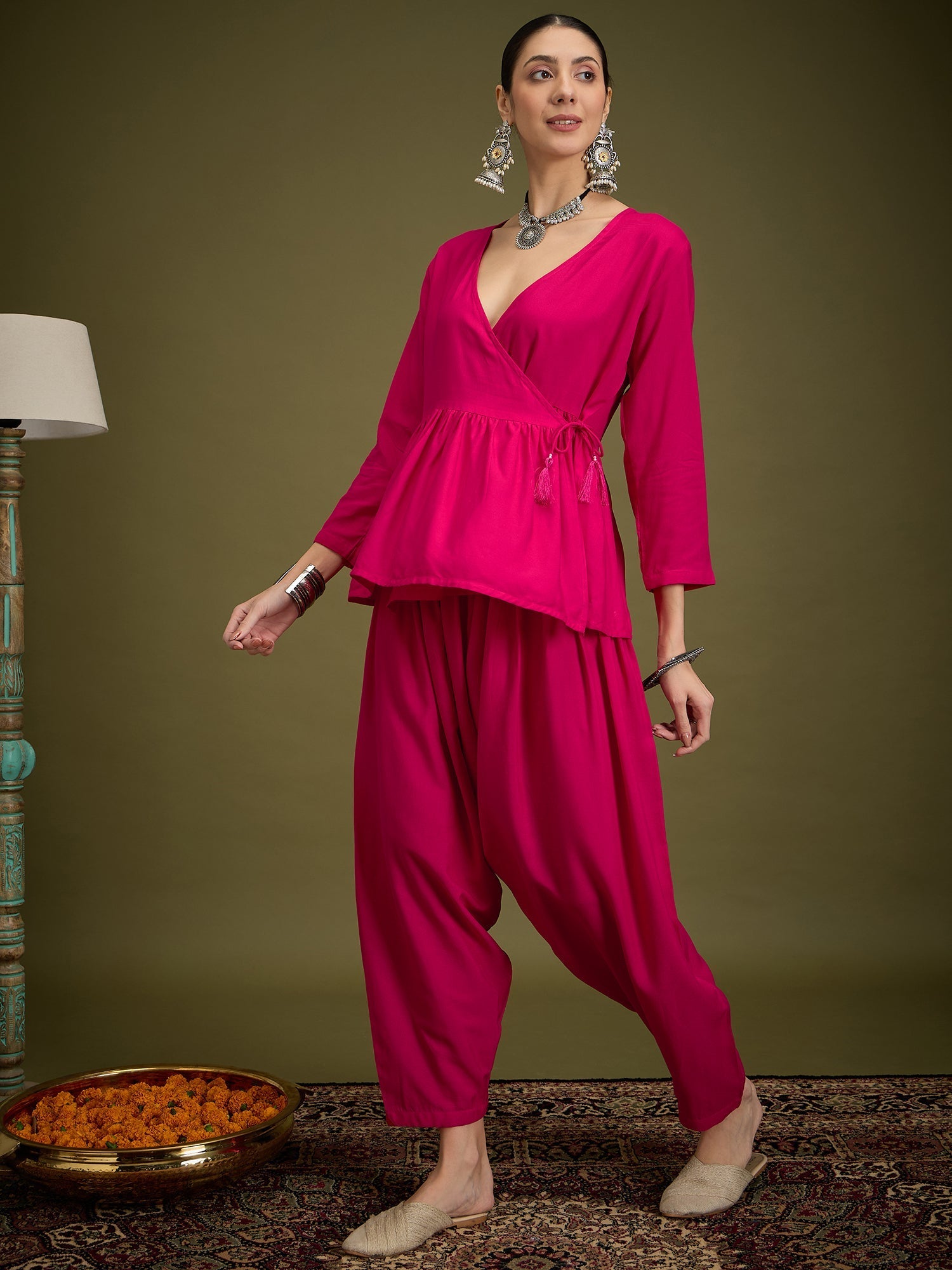 InWeave Fuchsia Angrakha Dhoti Co Ord Set - Swadesiicart