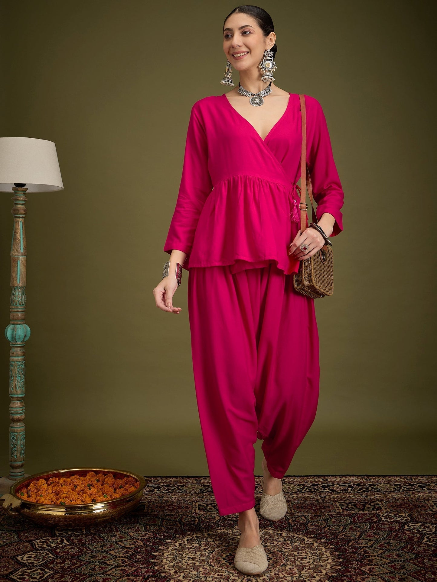 InWeave Fuchsia Angrakha Dhoti Co Ord Set - Swadesiicart