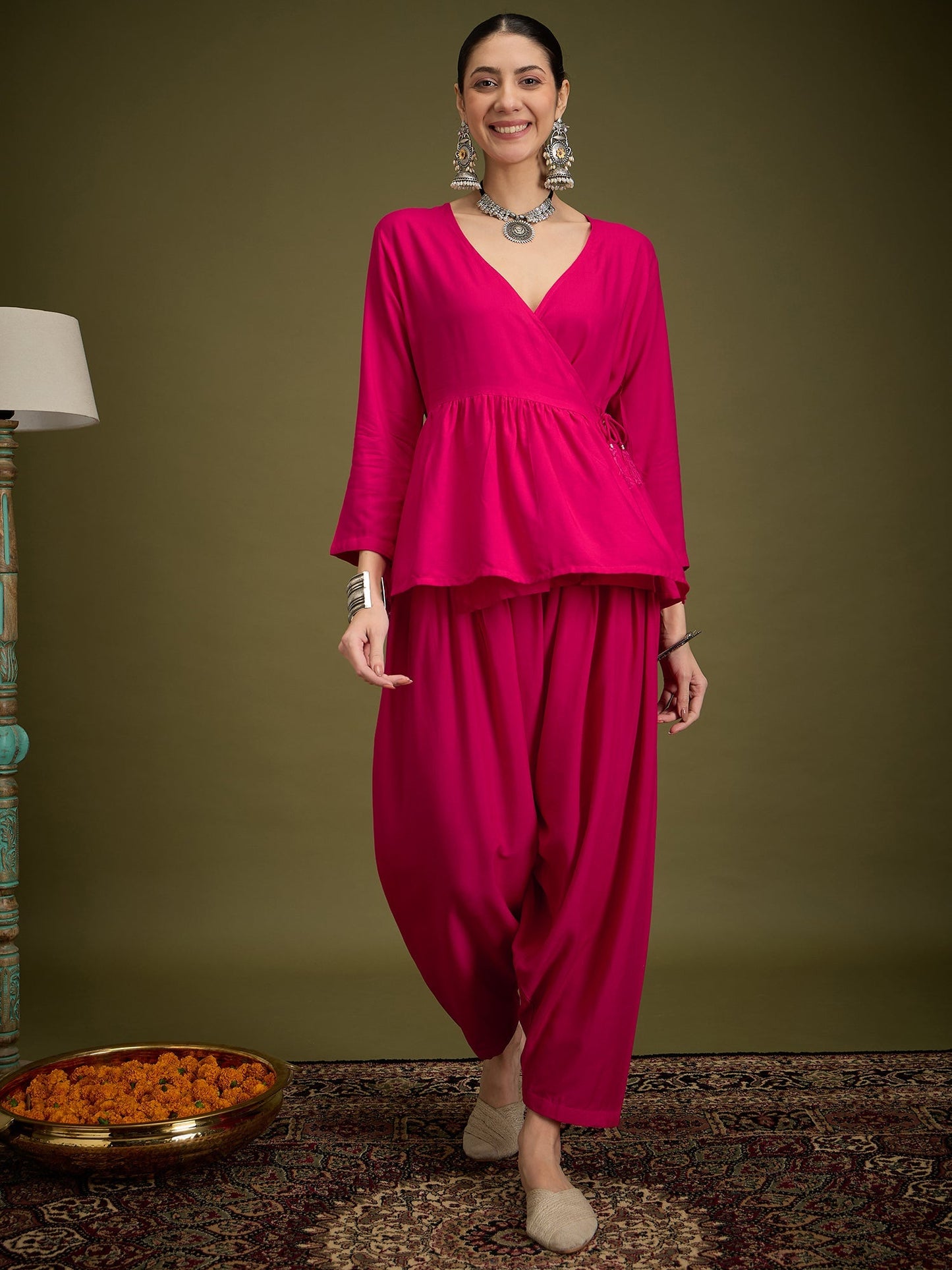 InWeave Fuchsia Angrakha Dhoti Co Ord Set - Swadesiicart