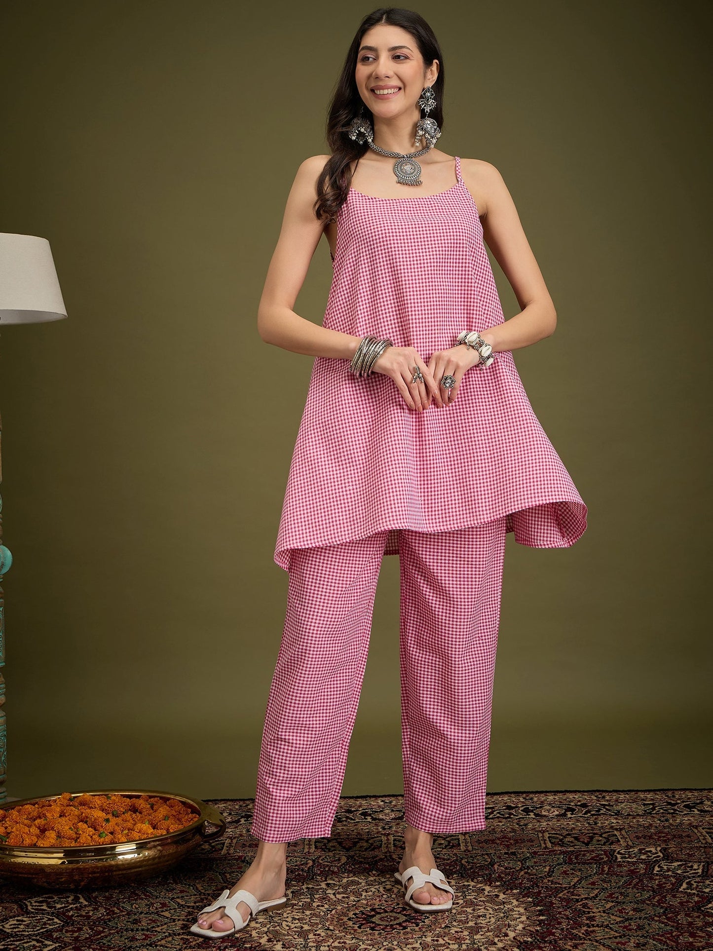 InWeave Pink Small Check Strappy Co Ord Set - Swadesiicart