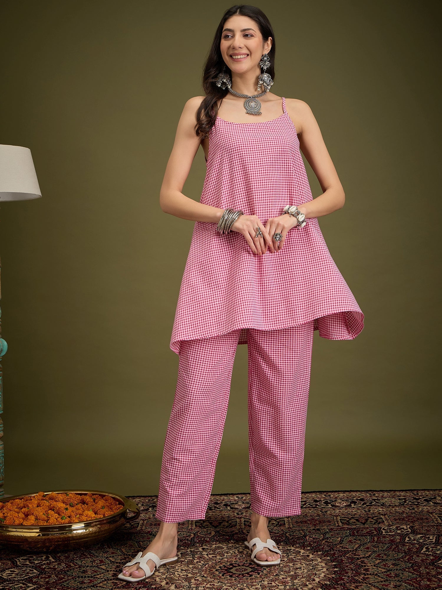 InWeave Pink Small Check Strappy Co Ord Set - Swadesiicart