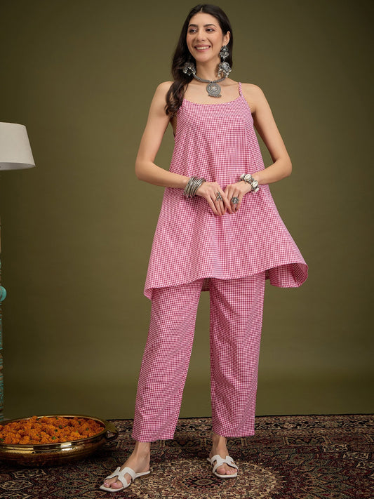 InWeave Pink Small Check Strappy Co Ord Set - Swadesiicart