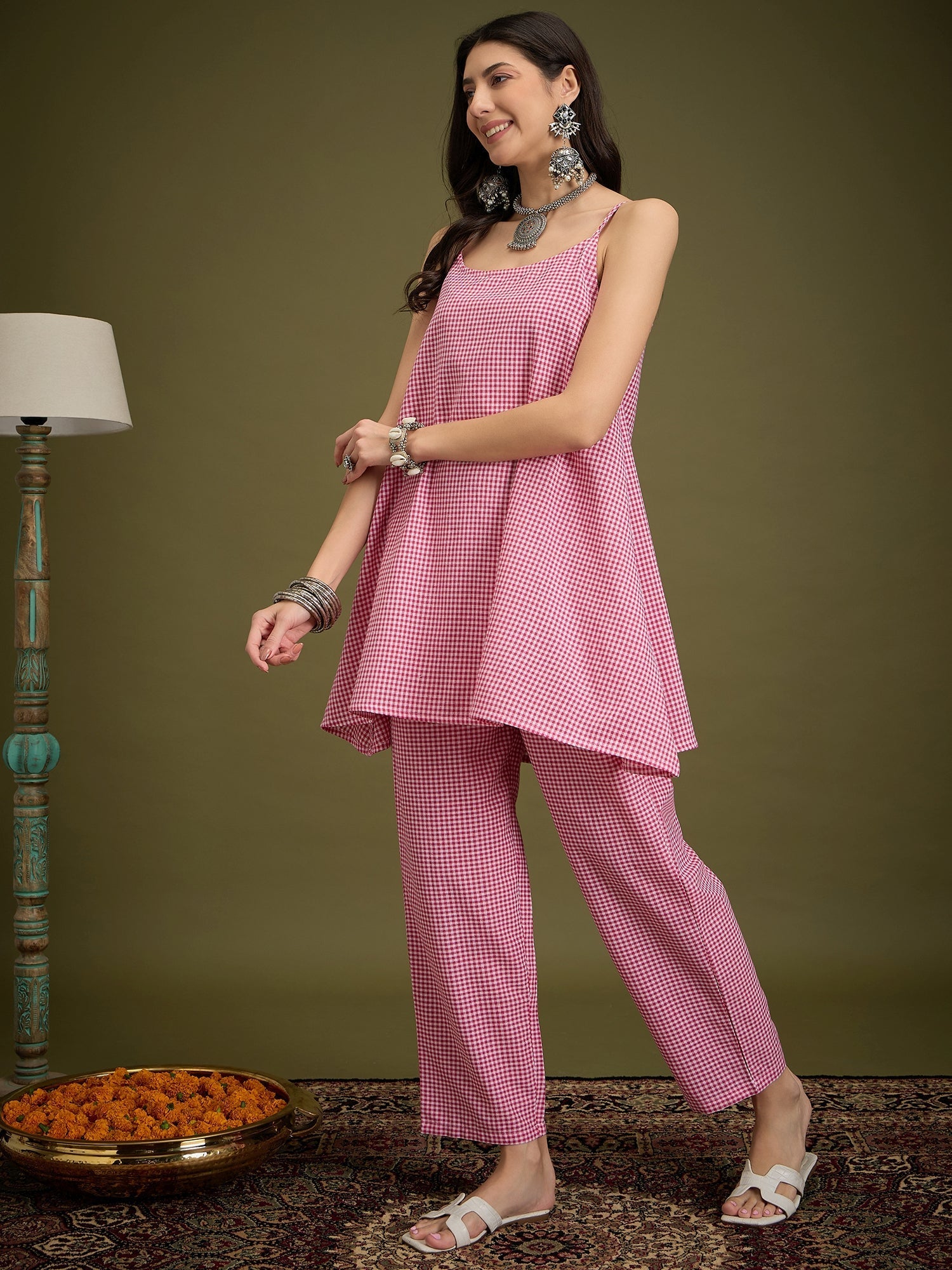 InWeave Pink Small Check Strappy Co Ord Set - Swadesiicart