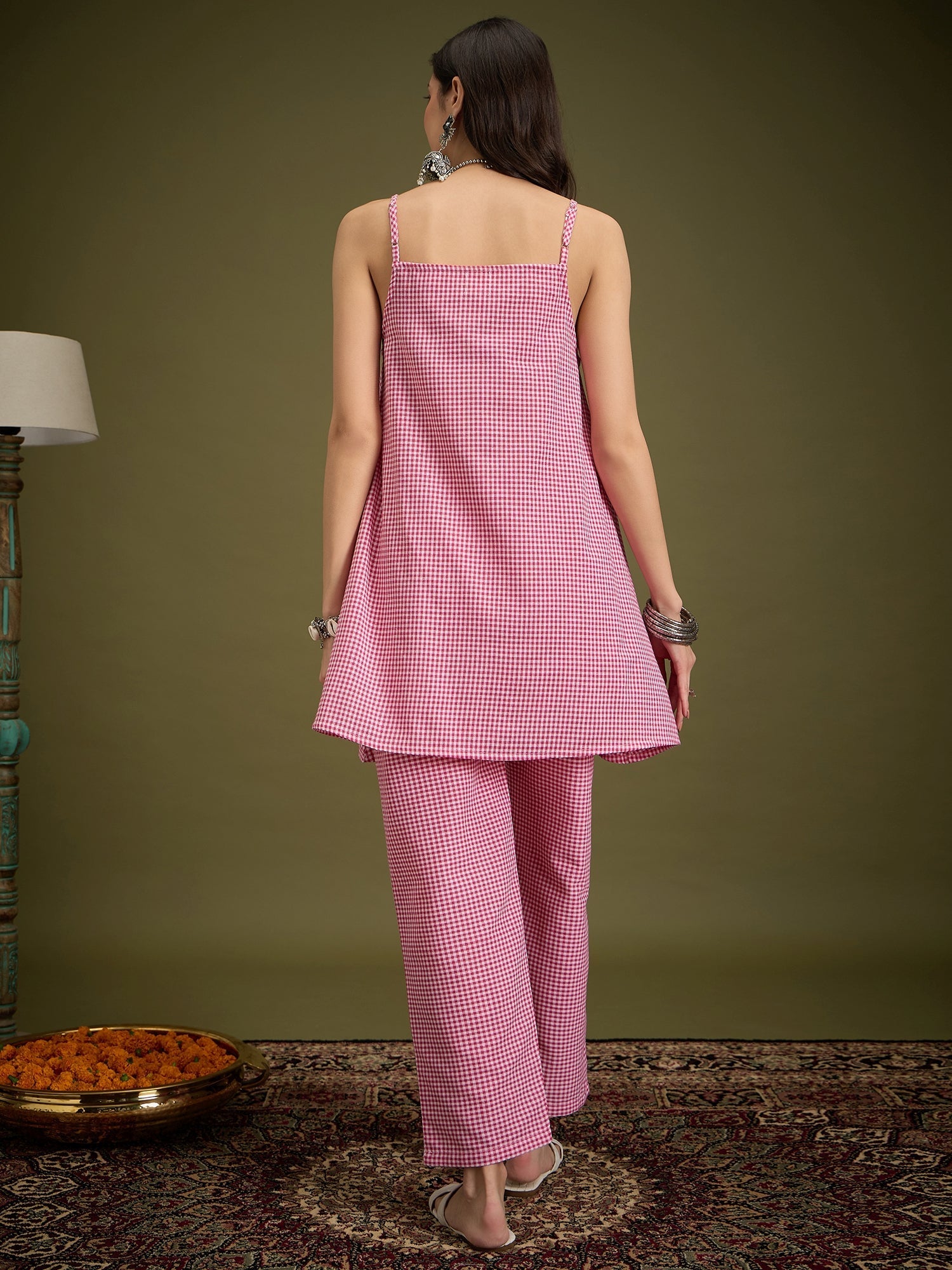 InWeave Pink Small Check Strappy Co Ord Set - Swadesiicart