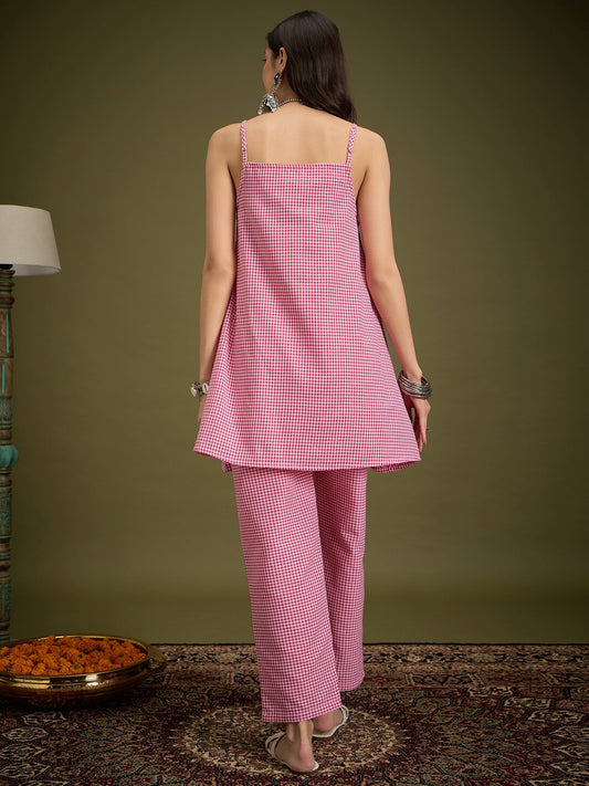 InWeave Pink Small Check Strappy Co Ord Set - Swadesiicart
