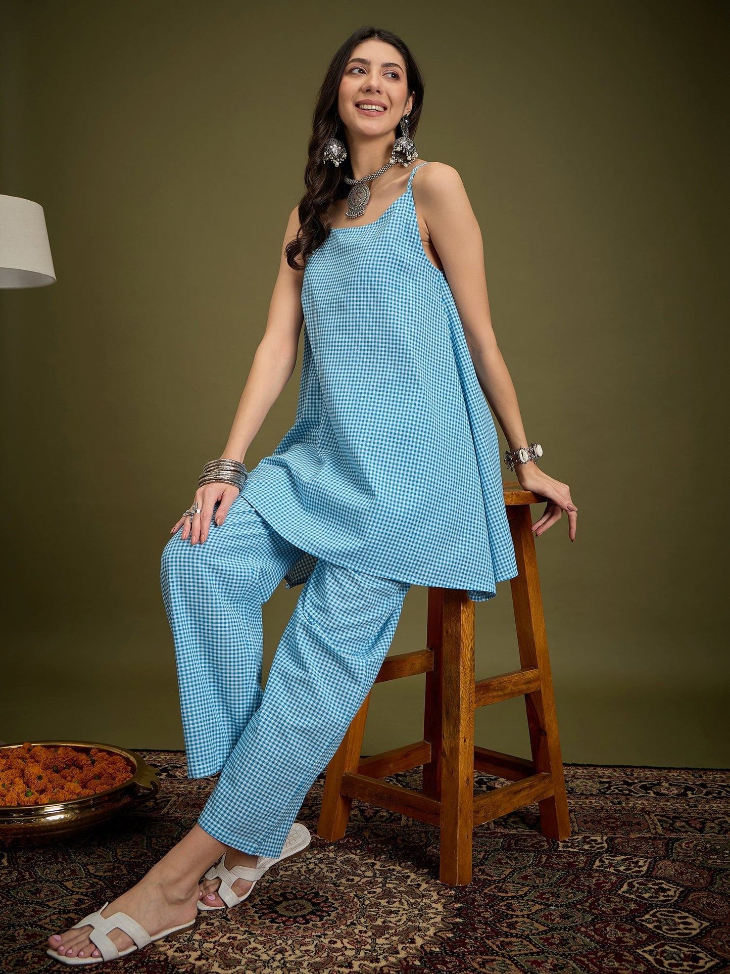InWeave Cyan Blue Small Check Strappy Co Ord Set - Swadesiicart