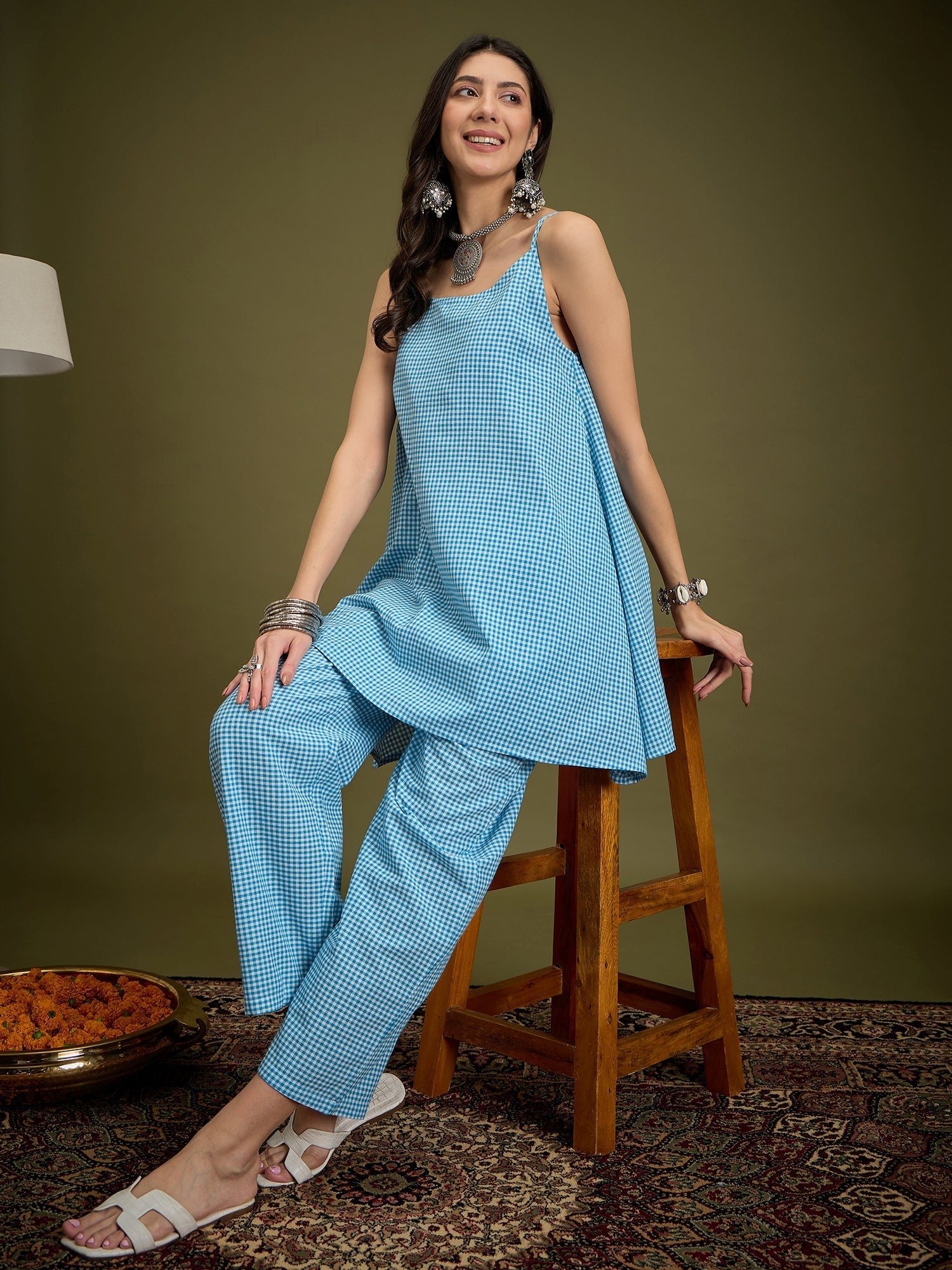 InWeave Cyan Blue Small Check Strappy Co Ord Set - Swadesiicart