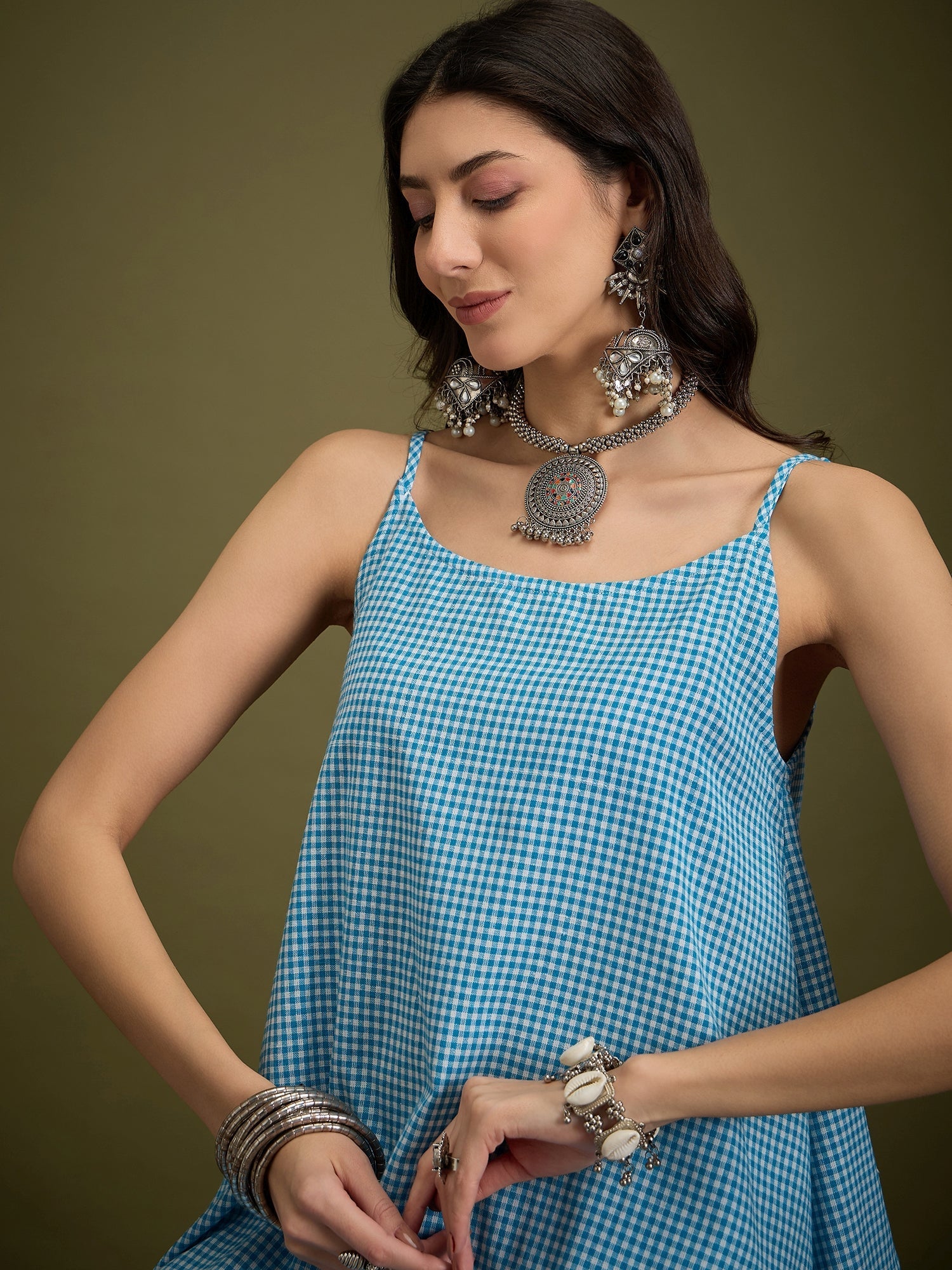 InWeave Cyan Blue Small Check Strappy Co Ord Set - Swadesiicart