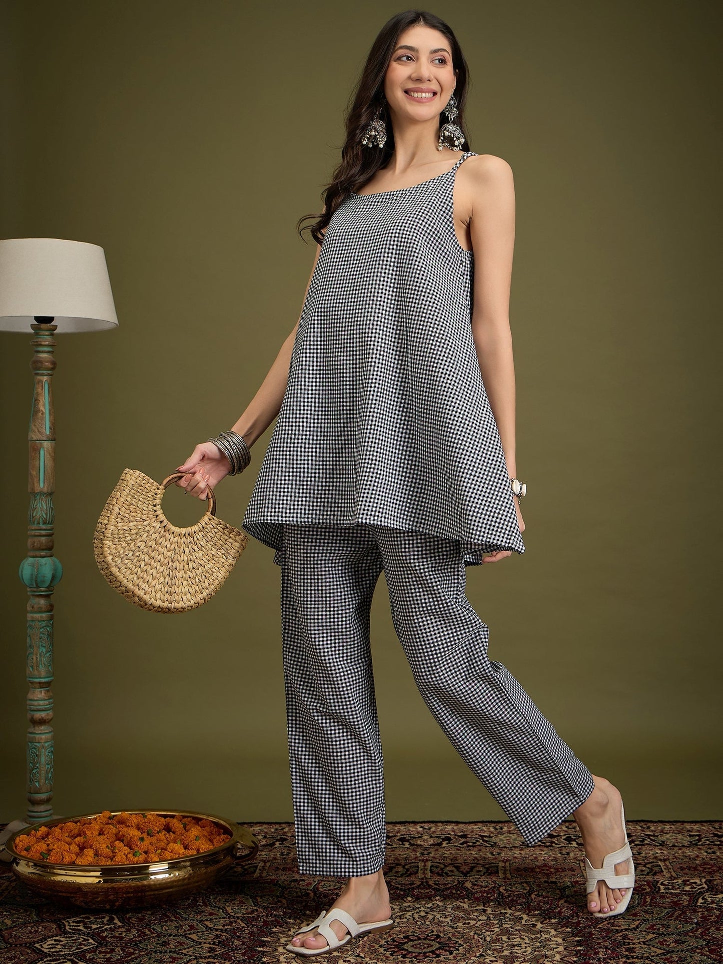 InWeave Black Small Check Strappy Co Ord Set - Swadesiicart