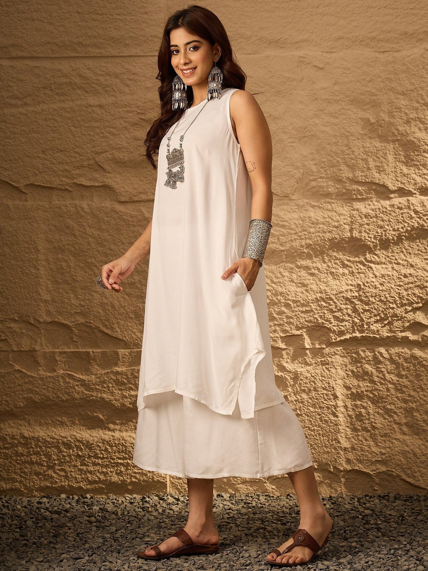 InWeave White Round Neck Short Palazzo Set - Swadesiicart