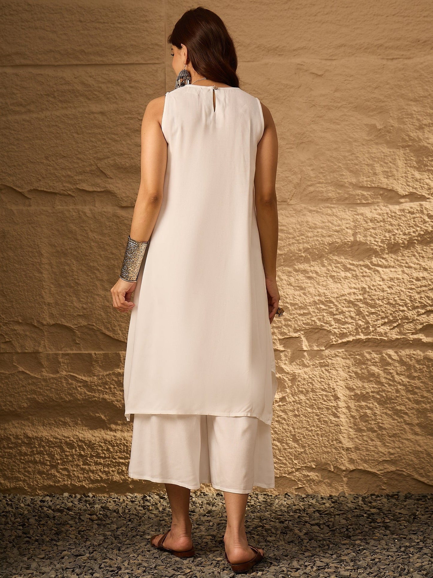 InWeave White Round Neck Short Palazzo Set - Swadesiicart
