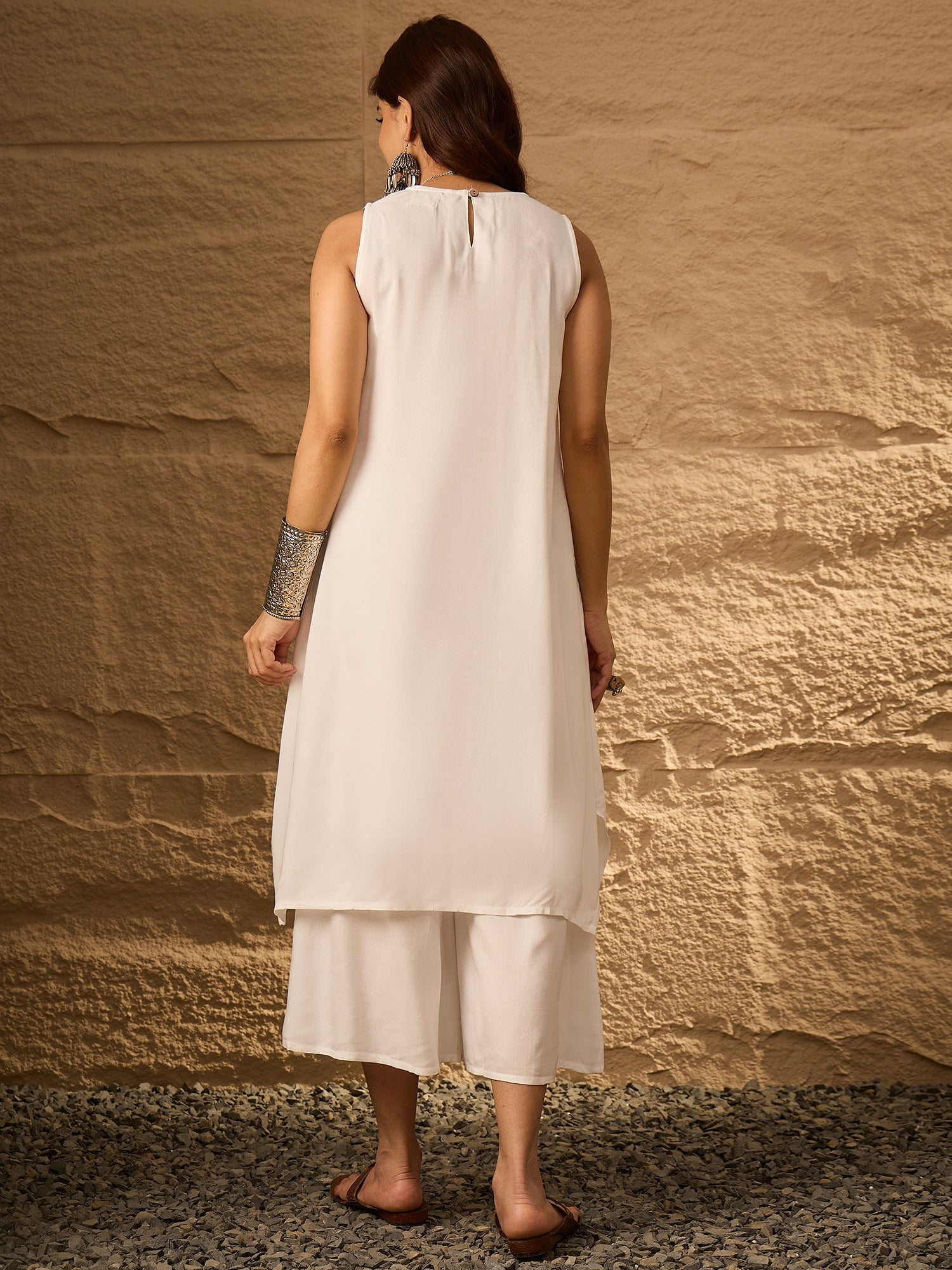 InWeave White Round Neck Short Palazzo Set - Swadesiicart