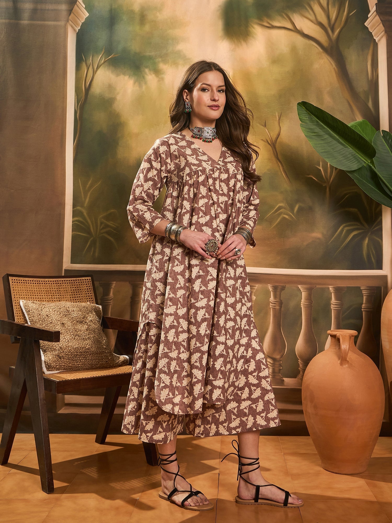 InWeave Light Brown Off White V Neck Flared Kurta Set - Swadesiicart