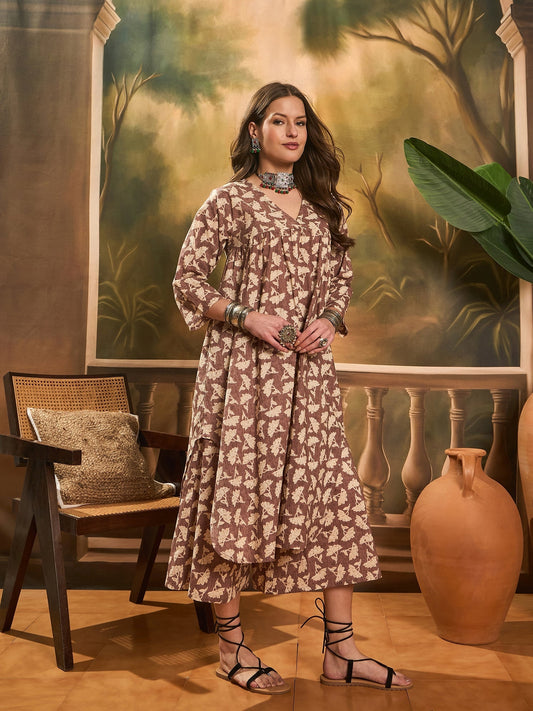 InWeave Light Brown Off White V Neck Flared Kurta Set - Swadesiicart