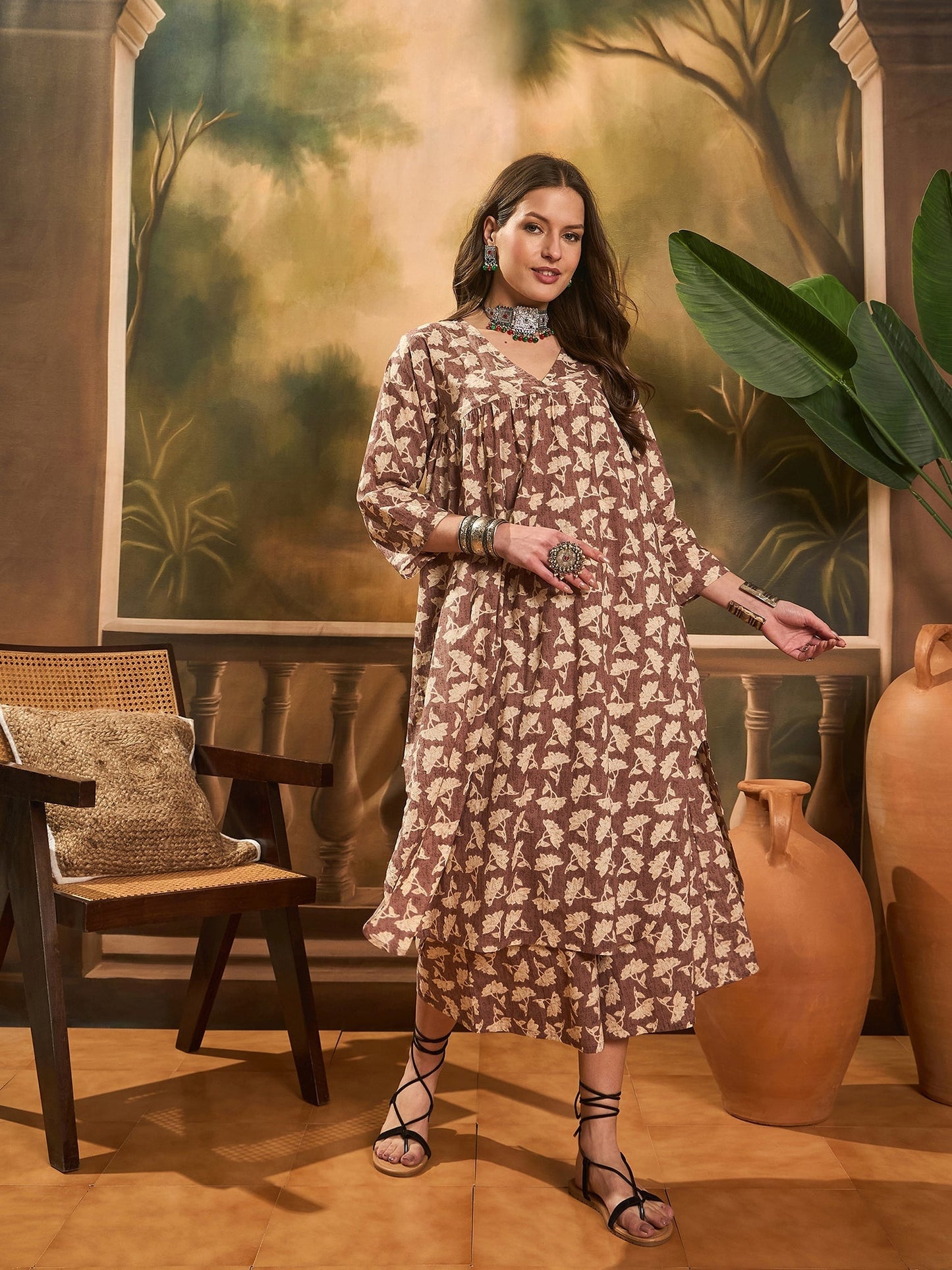 InWeave Light Brown Off White V Neck Flared Kurta Set - Swadesiicart