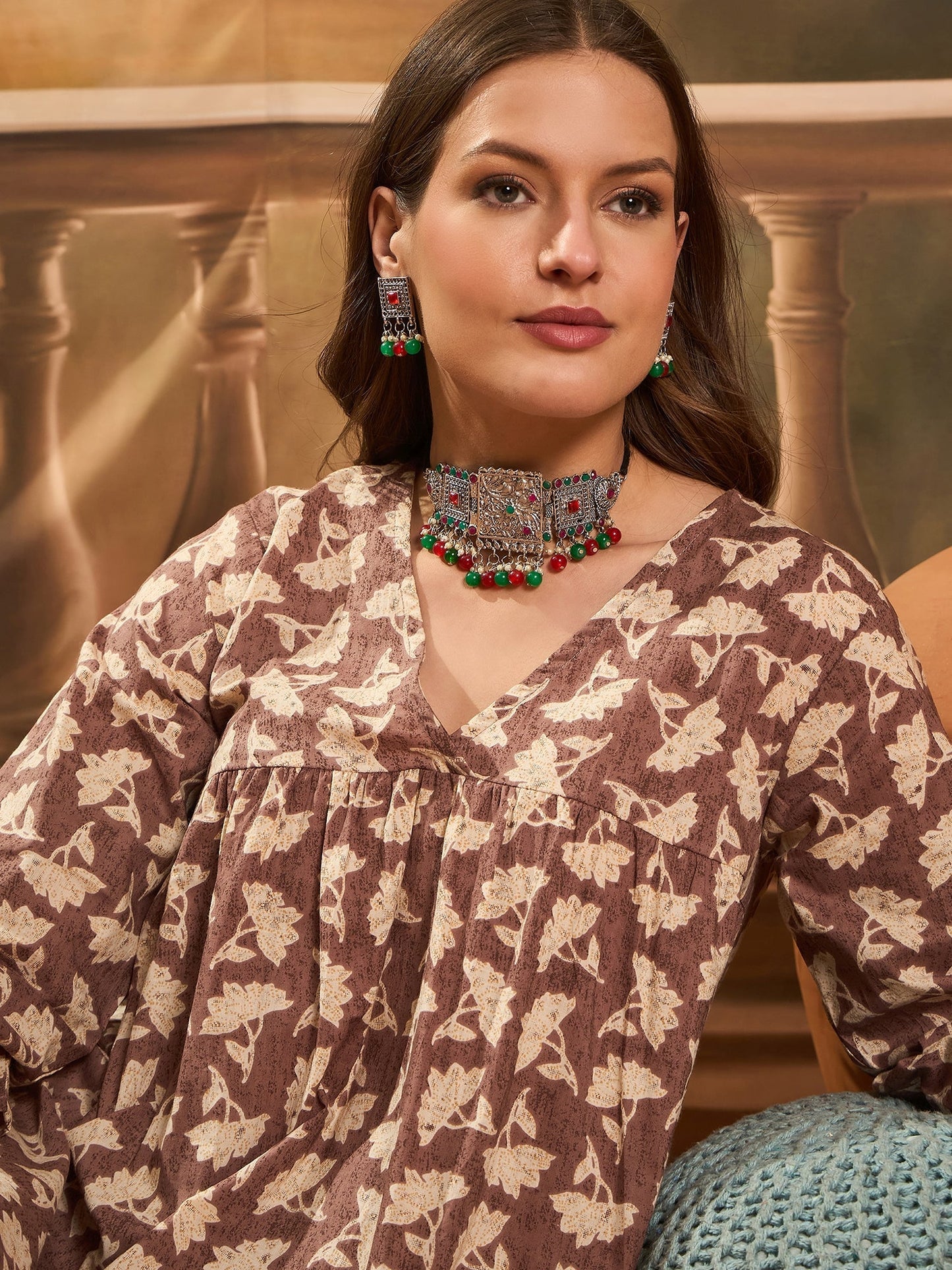 InWeave Light Brown Off White V Neck Flared Kurta Set - Swadesiicart