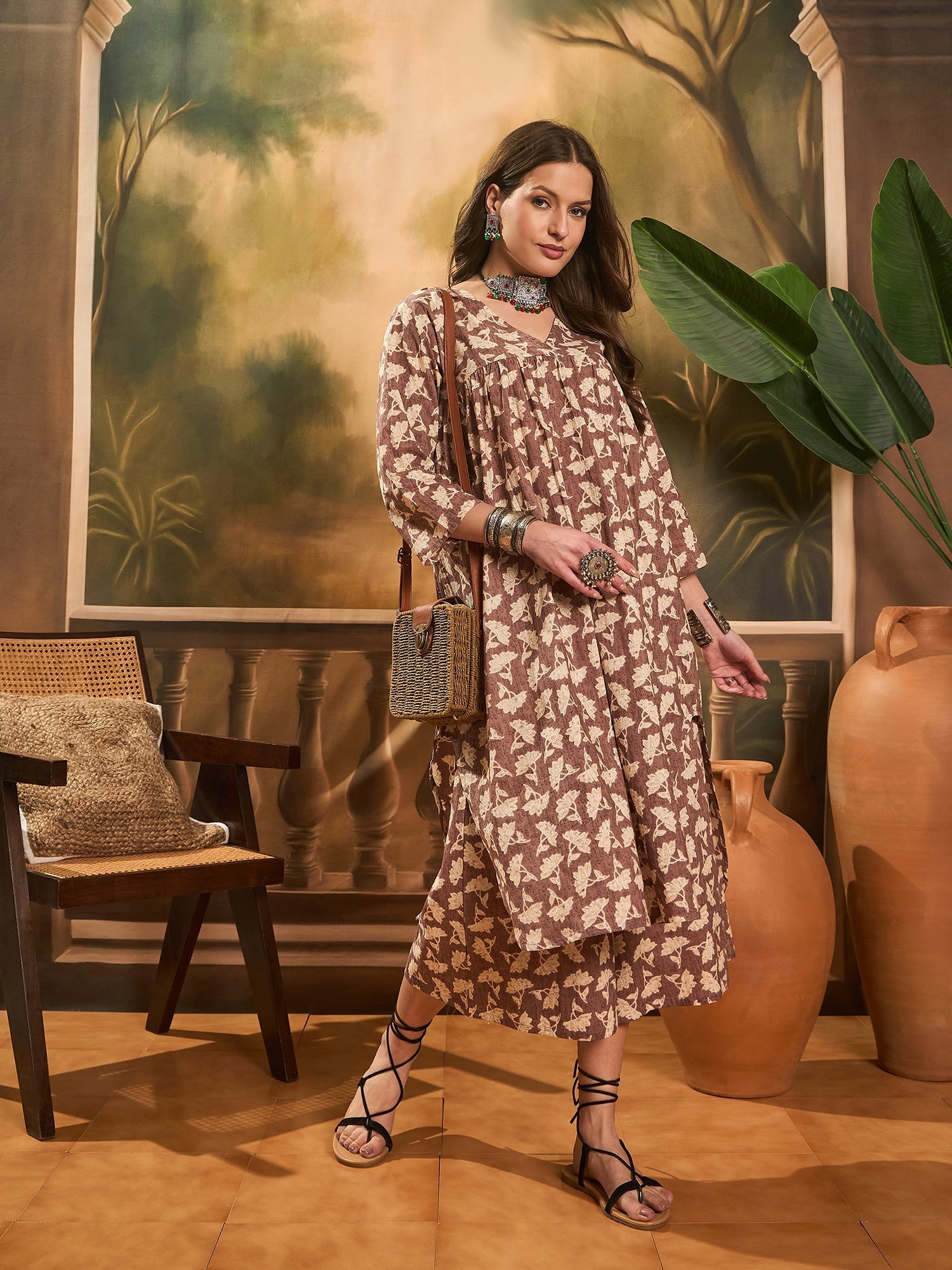 InWeave Light Brown Off White V Neck Flared Kurta Set - Swadesiicart
