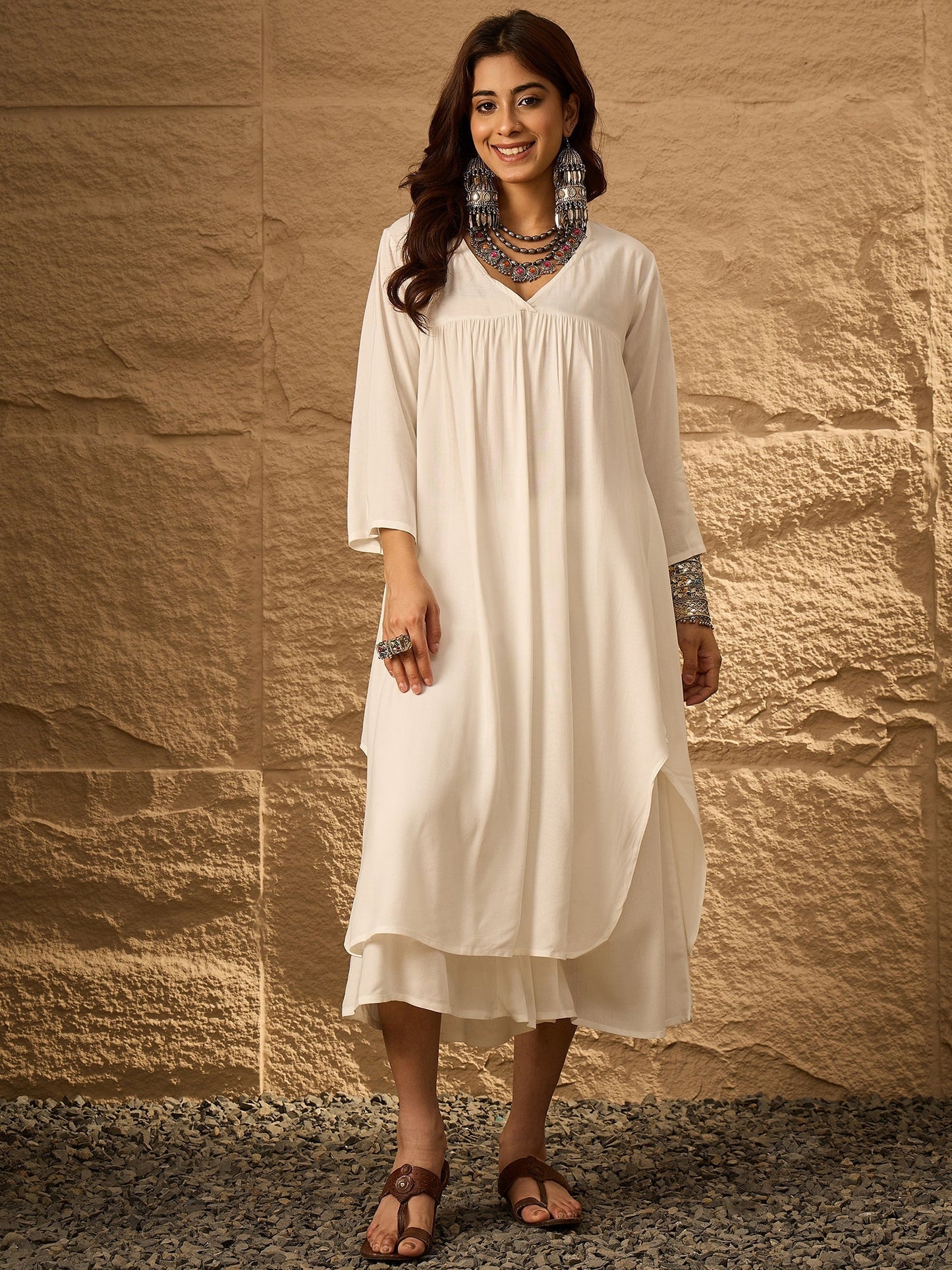 InWeave White Flared Kurta Palazzo Set - Swadesiicart