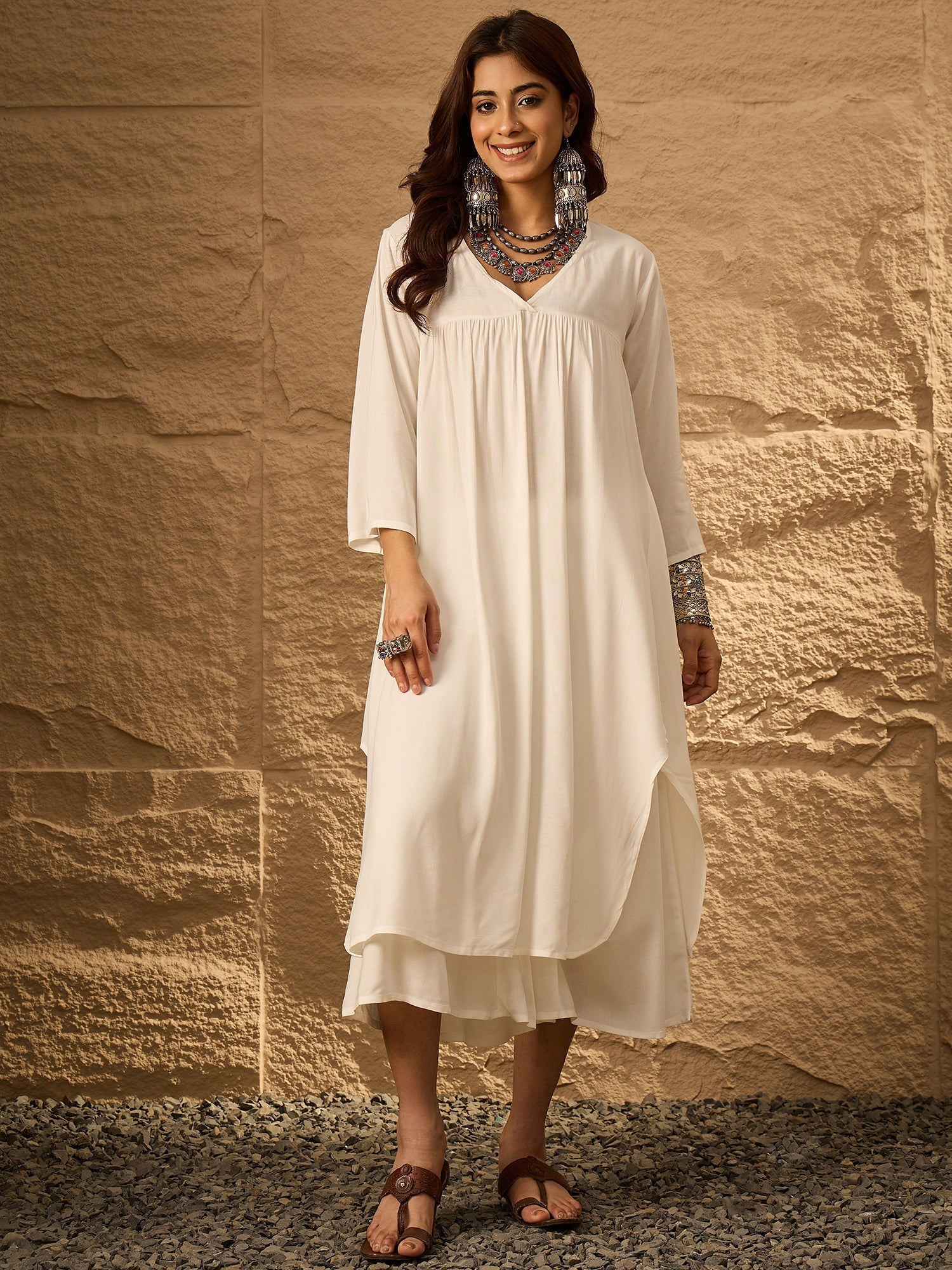 InWeave White Flared Kurta Palazzo Set - Swadesiicart