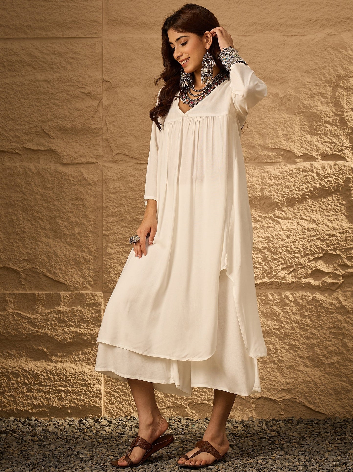 InWeave White Flared Kurta Palazzo Set - Swadesiicart