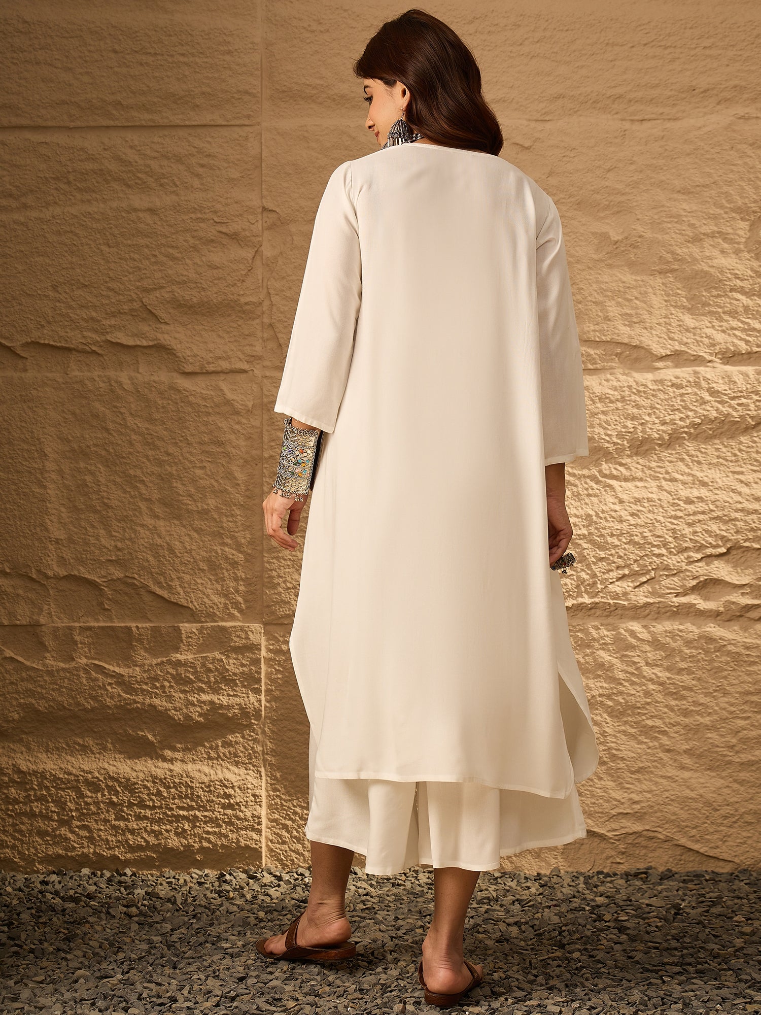 InWeave White Flared Kurta Palazzo Set - Swadesiicart