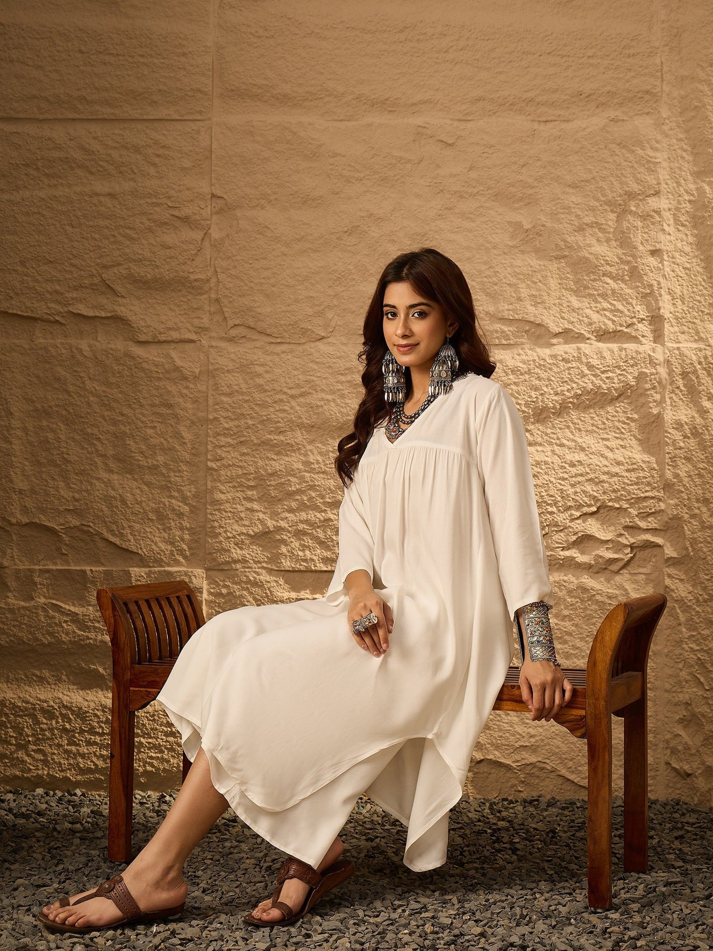 InWeave White Flared Kurta Palazzo Set - Swadesiicart
