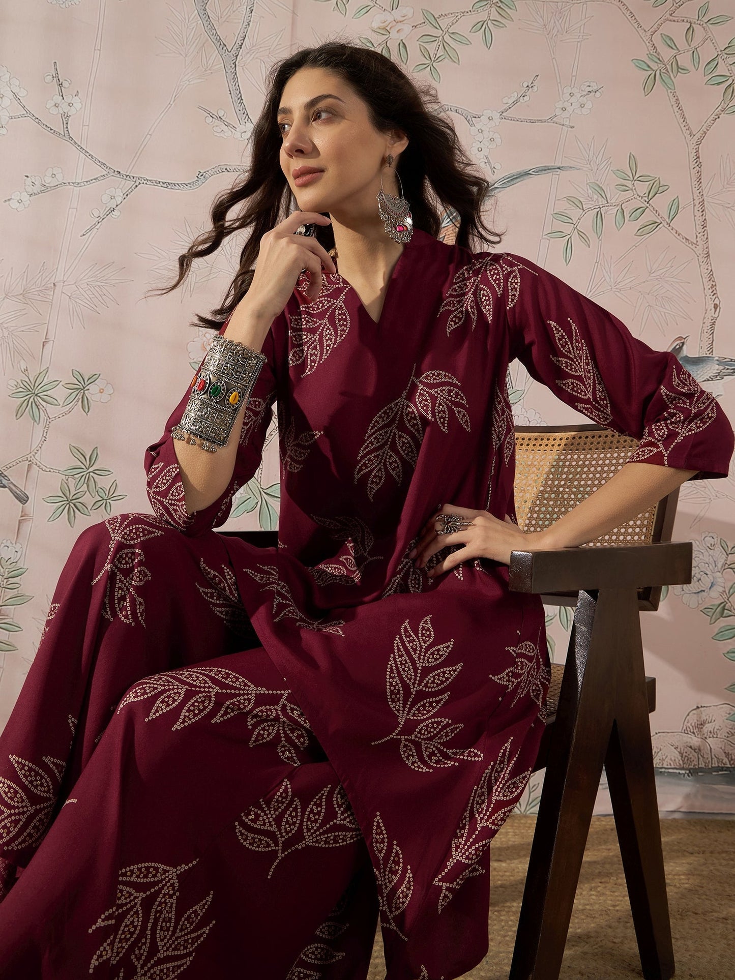 InWeave Dark Maroon Leaf Mandarin Kurta Set - Swadesiicart