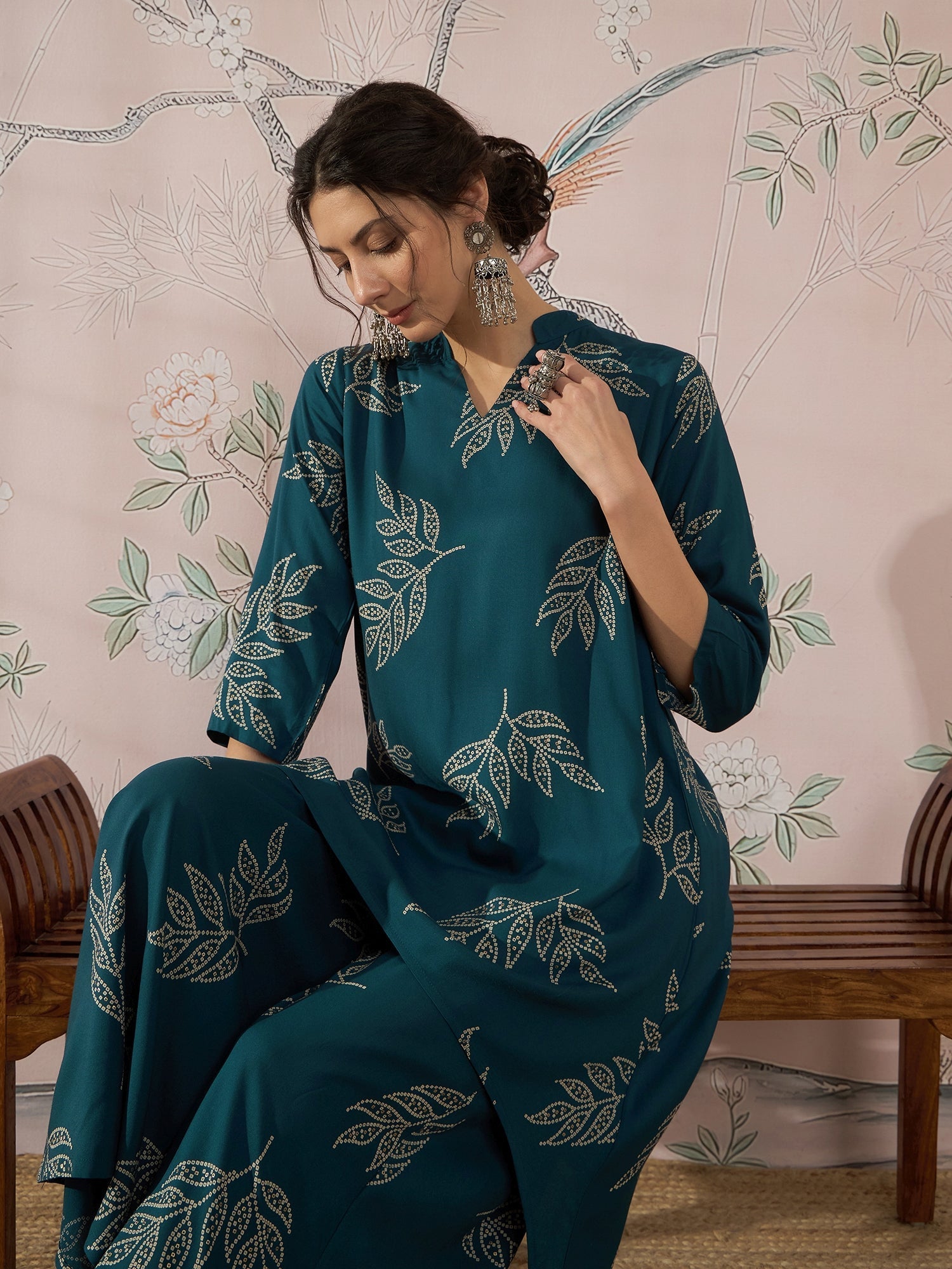 InWeave Dark Teal Leaf Mandarin Kurta Set - Swadesiicart