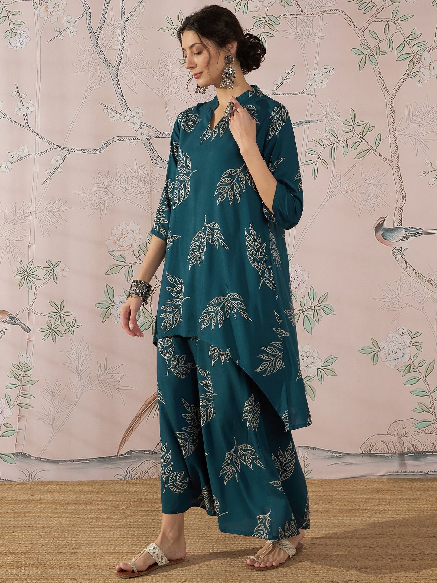 InWeave Dark Teal Leaf Mandarin Kurta Set - Swadesiicart