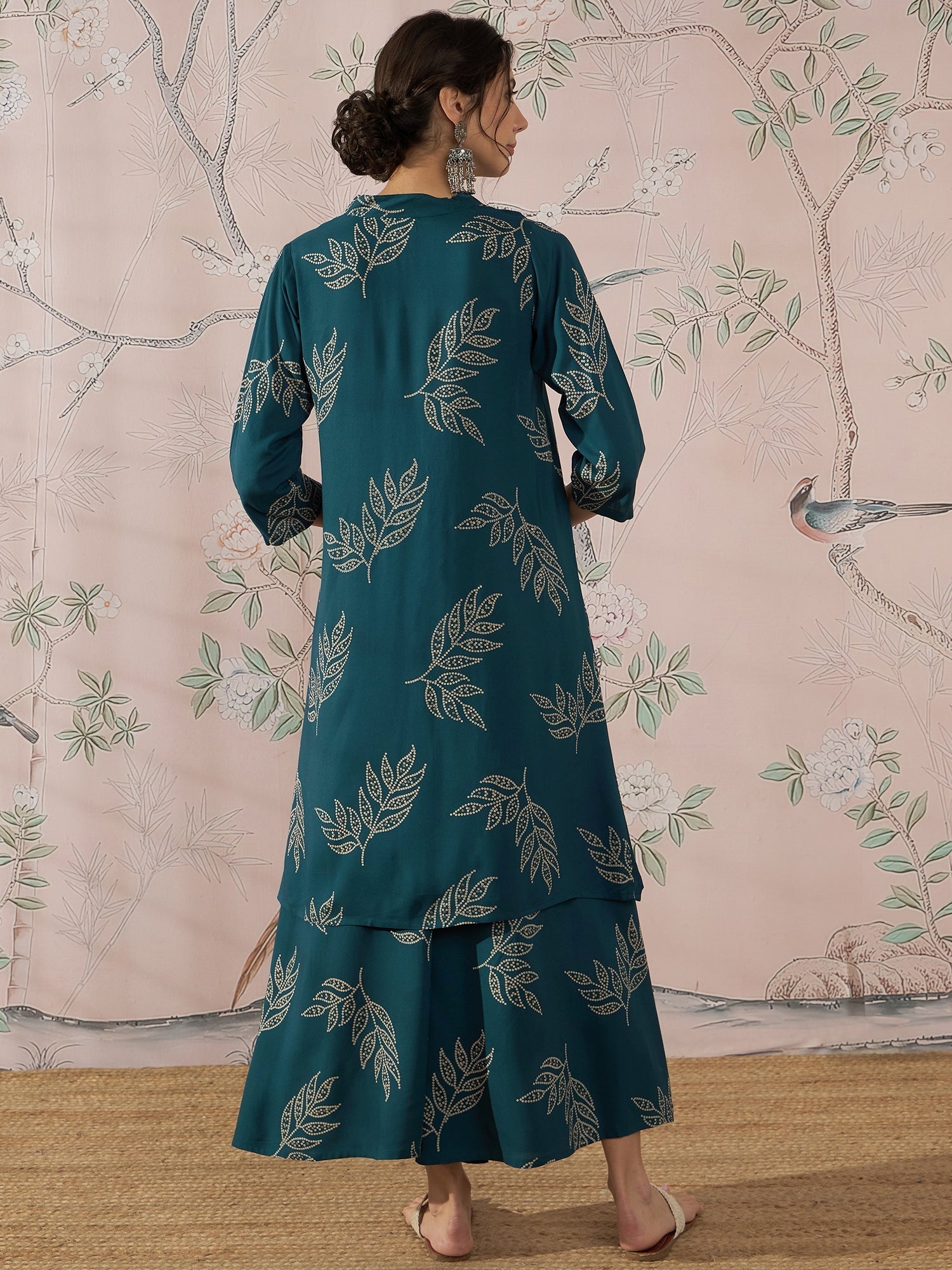 InWeave Dark Teal Leaf Mandarin Kurta Set - Swadesiicart