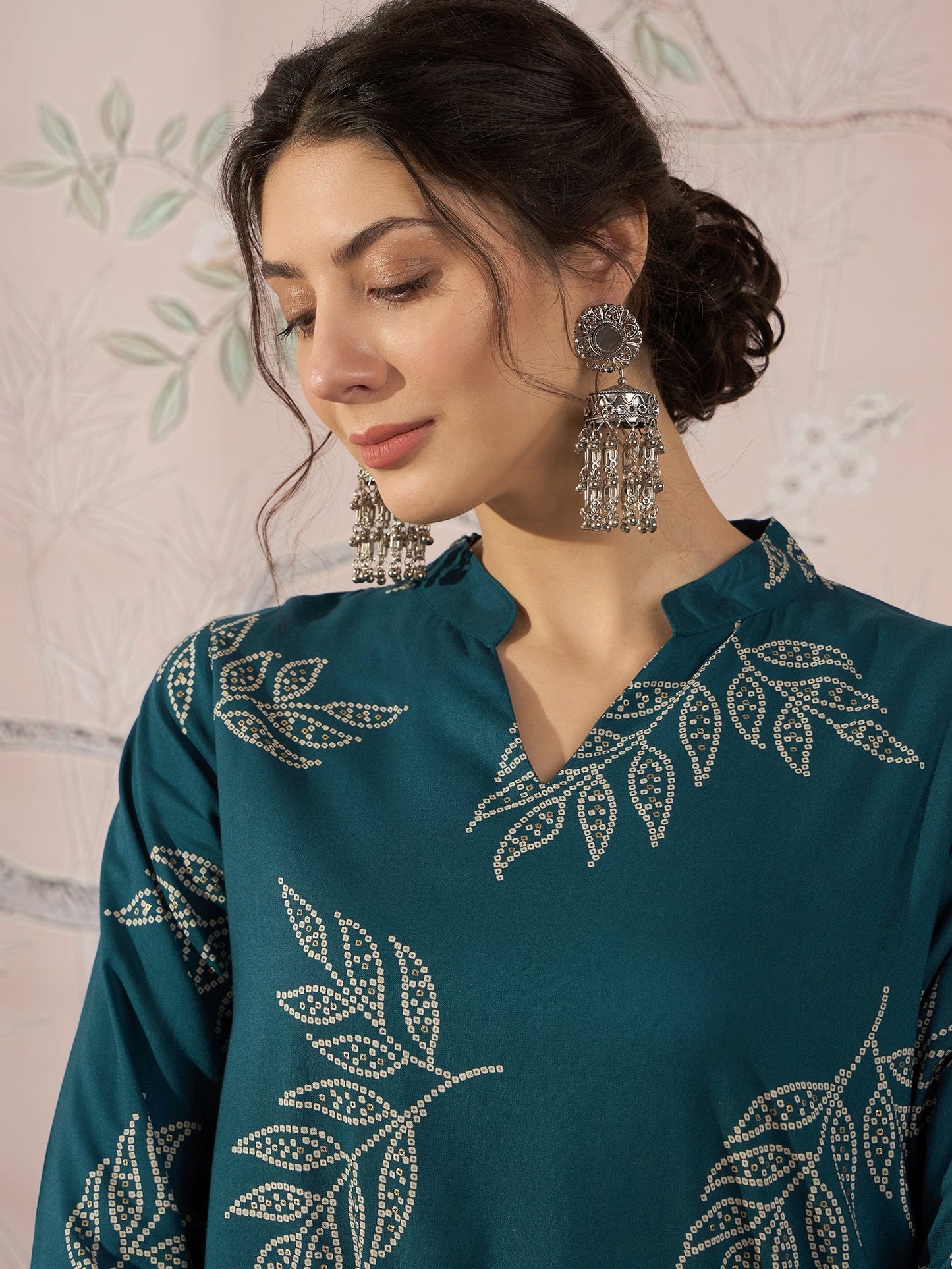 InWeave Dark Teal Leaf Mandarin Kurta Set - Swadesiicart