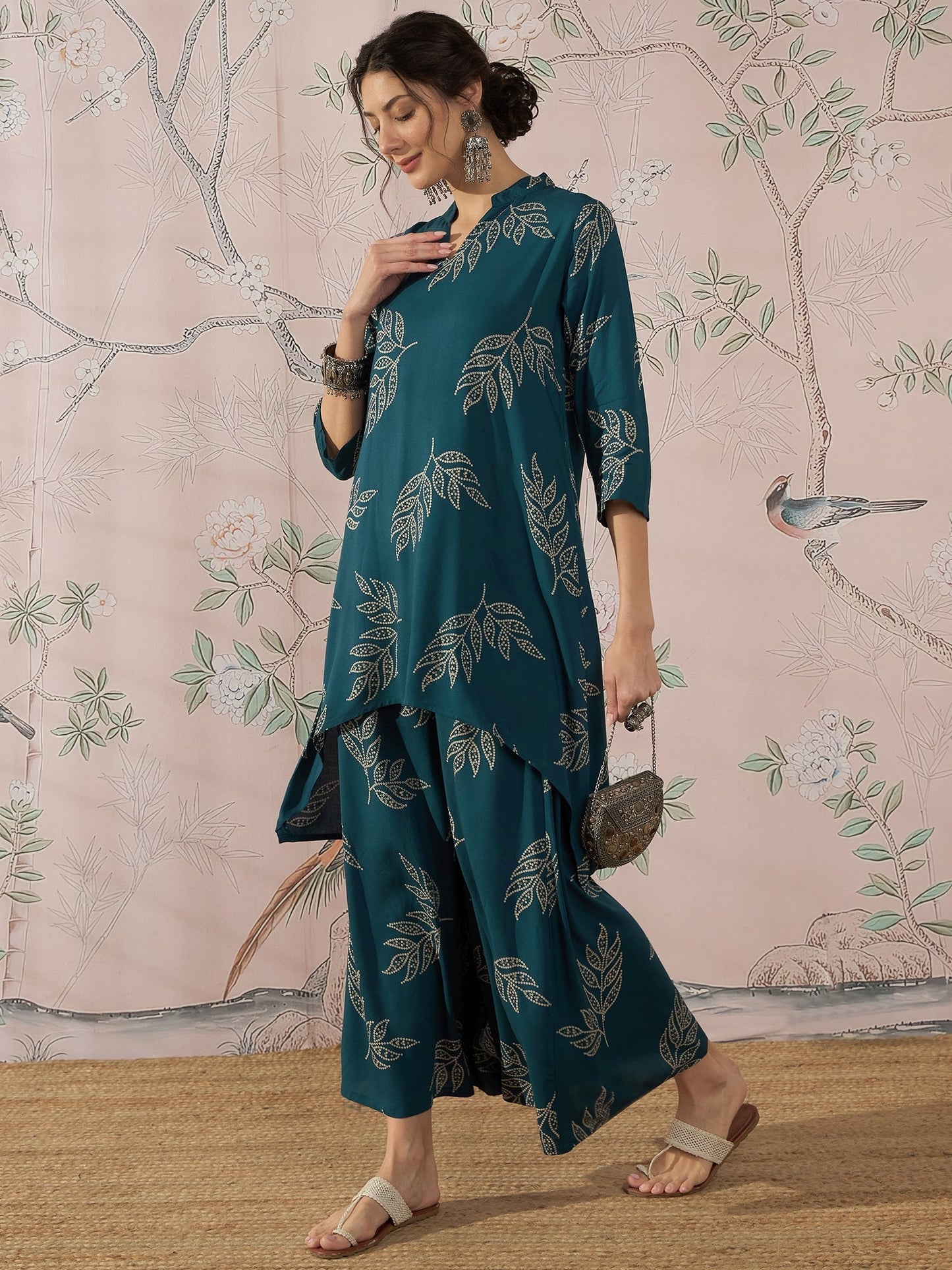 InWeave Dark Teal Leaf Mandarin Kurta Set - Swadesiicart