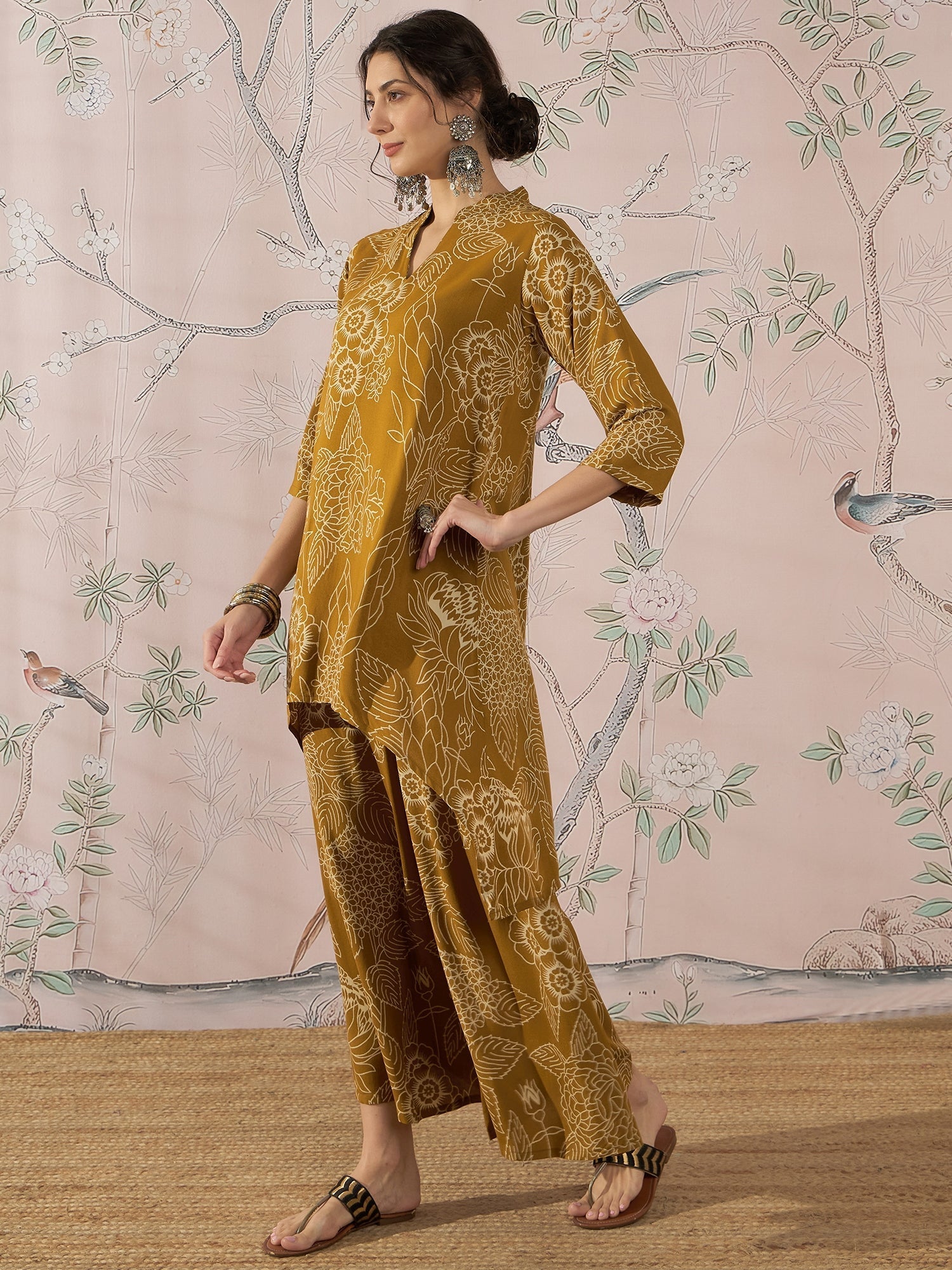 InWeave Dark Yellow Rose Leaf Mandarin Kurta Set - Swadesiicart