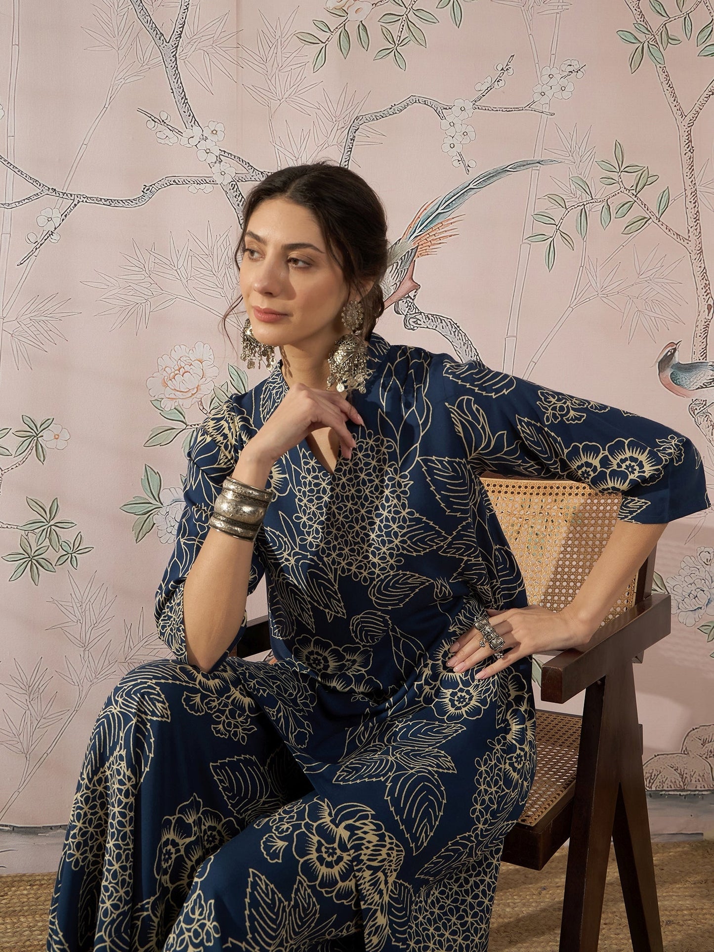 InWeave Peacock Teal Rose Leaf Mandarin Kurta Set - Swadesiicart
