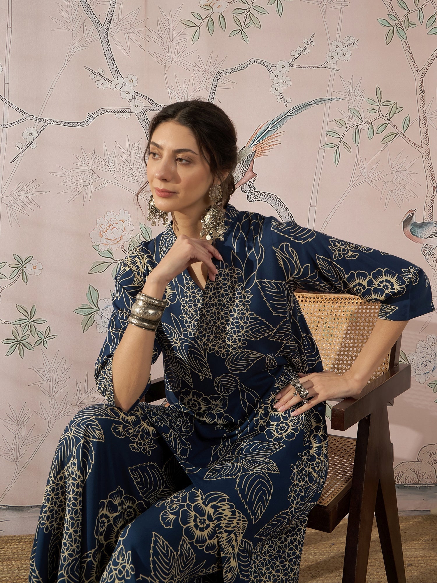 InWeave Peacock Teal Rose Leaf Mandarin Kurta Set - Swadesiicart
