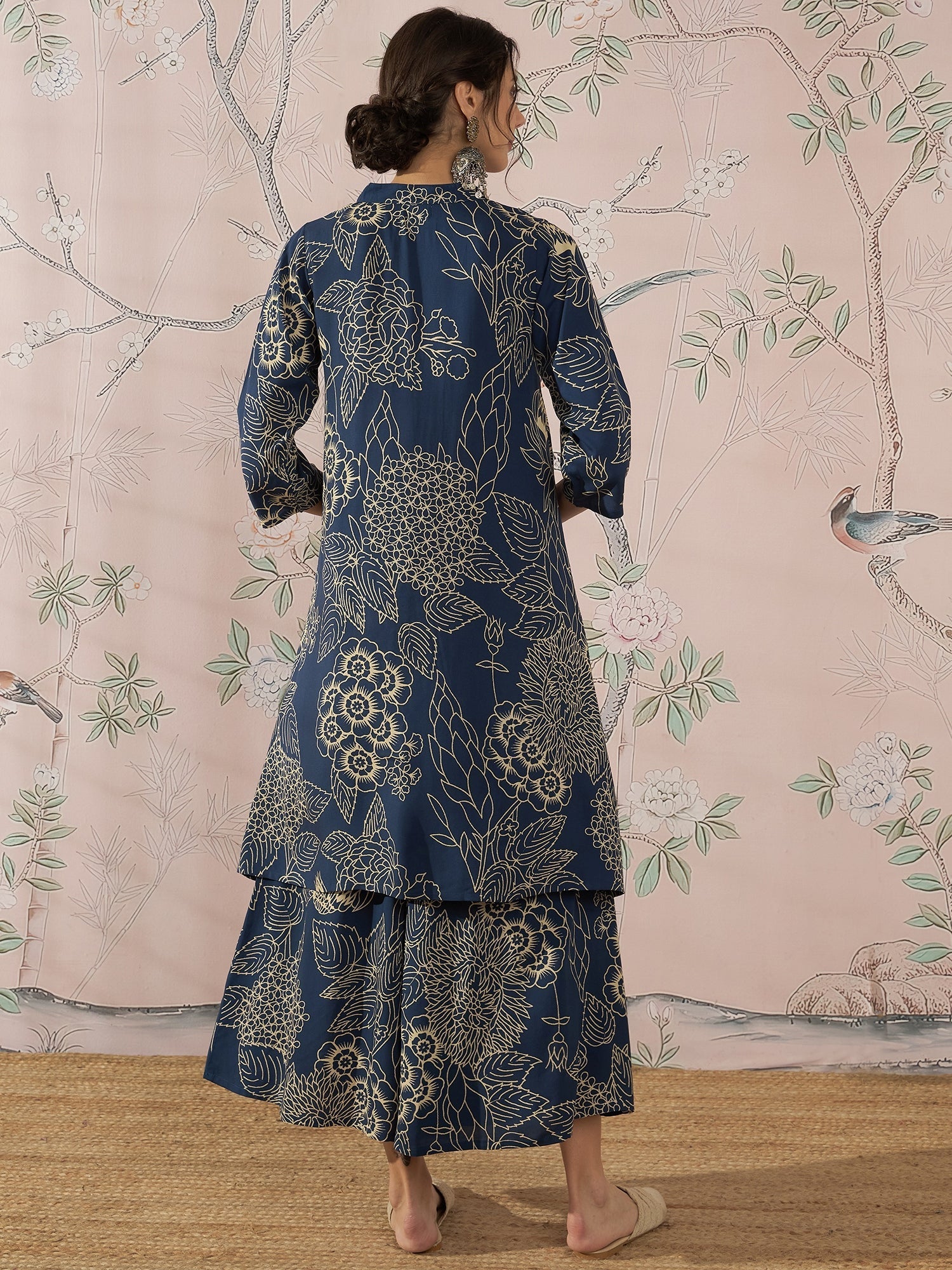 InWeave Peacock Teal Rose Leaf Mandarin Kurta Set - Swadesiicart