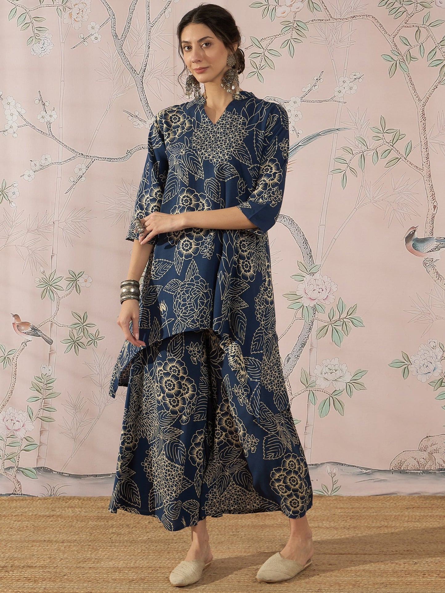 InWeave Peacock Teal Rose Leaf Mandarin Kurta Set - Swadesiicart