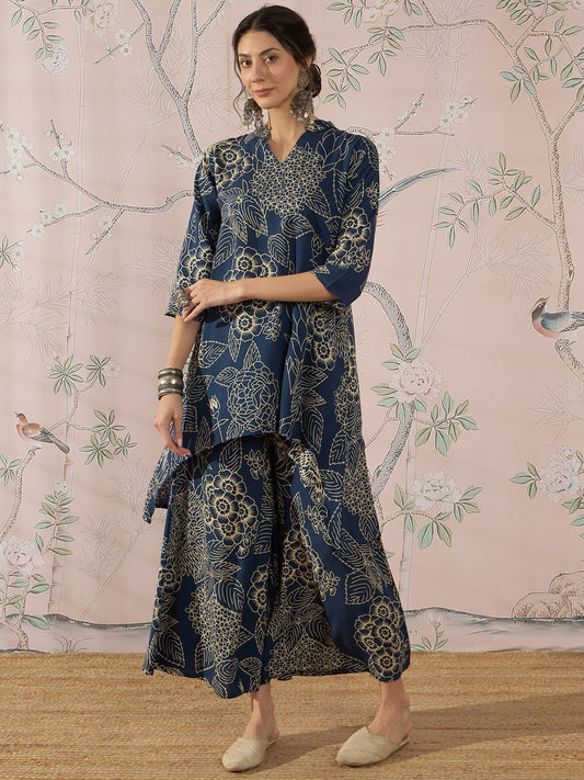 InWeave Peacock Teal Rose Leaf Mandarin Kurta Set - Swadesiicart