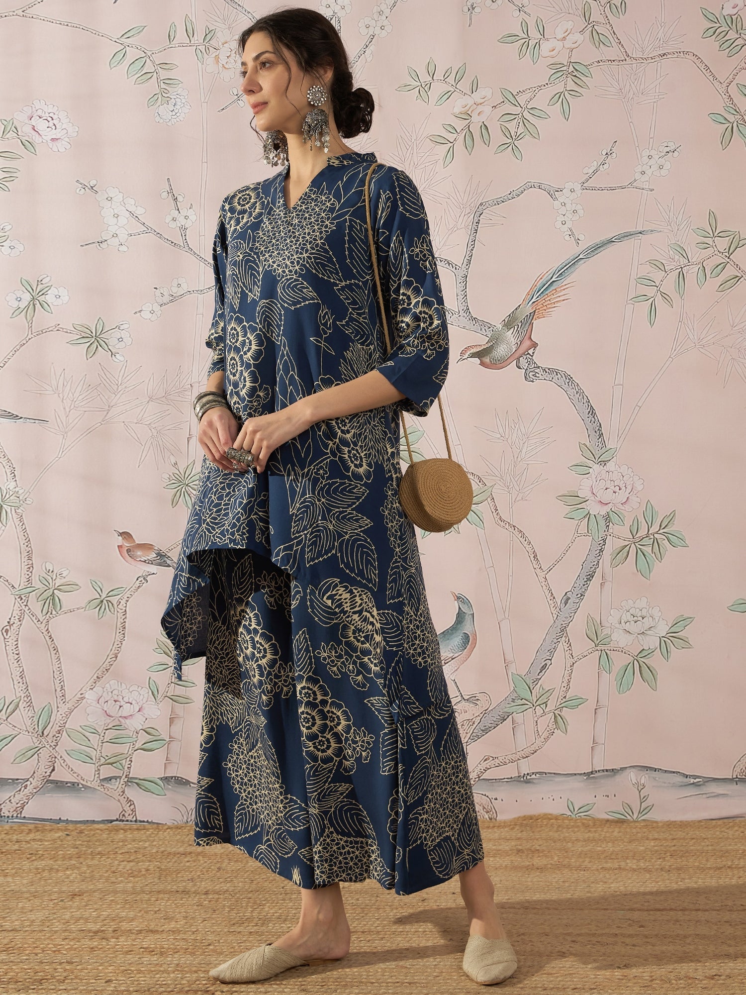 InWeave Peacock Teal Rose Leaf Mandarin Kurta Set - Swadesiicart