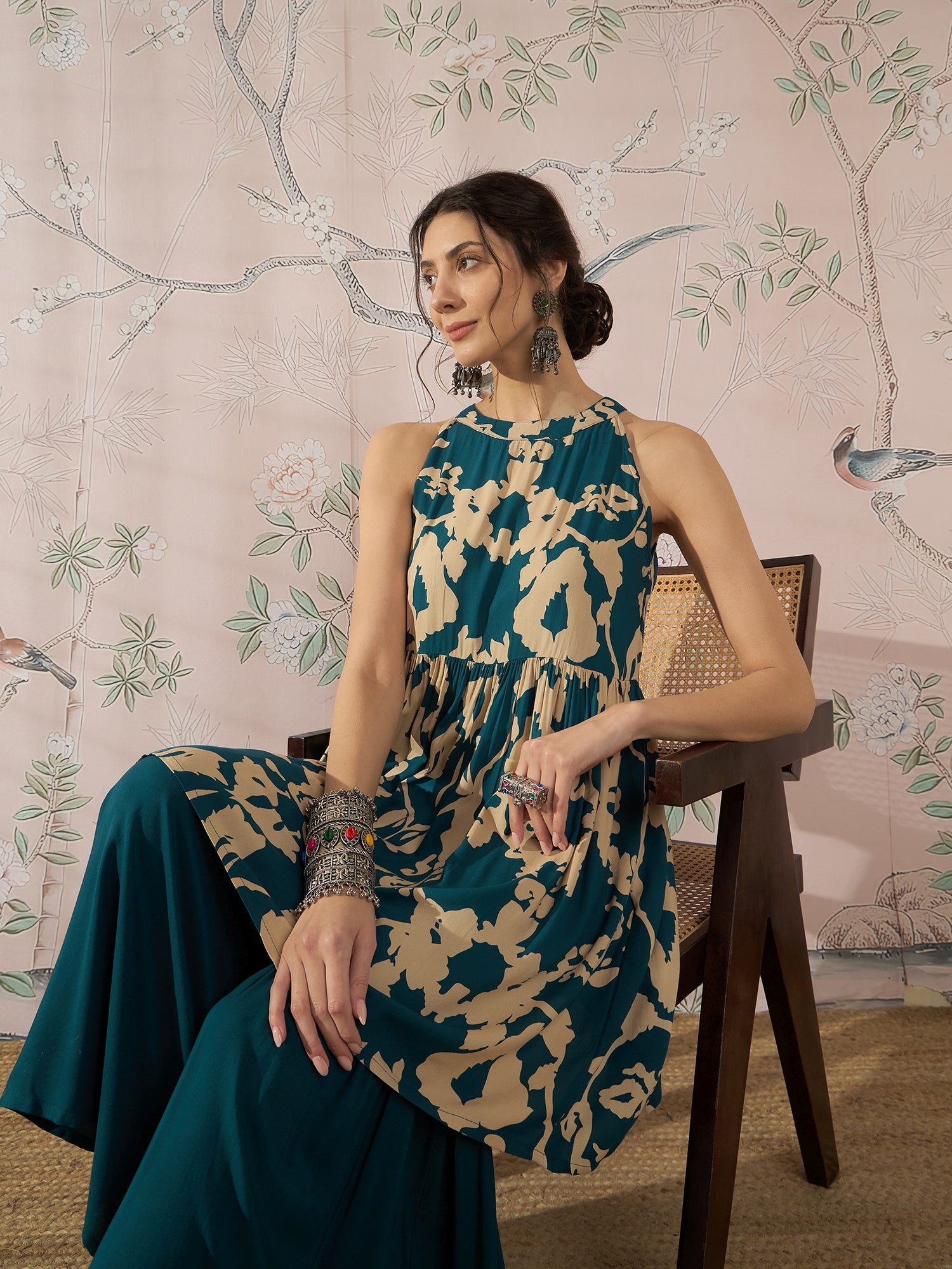 InWeave Teal Beige Halter Kurta Sharara Set - Swadesiicart