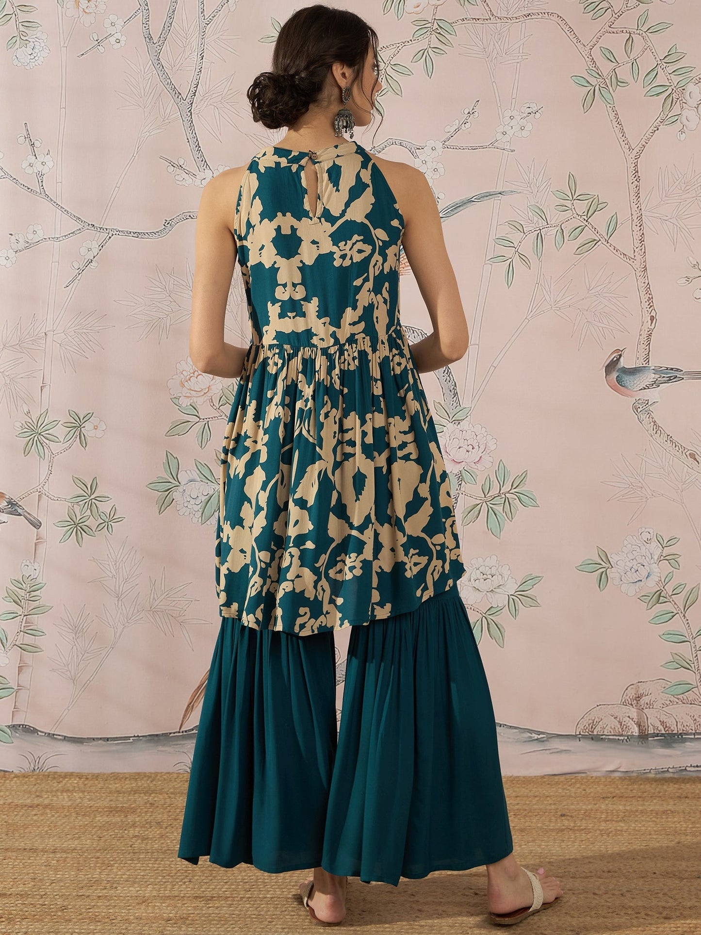 InWeave Teal Beige Halter Kurta Sharara Set - Swadesiicart